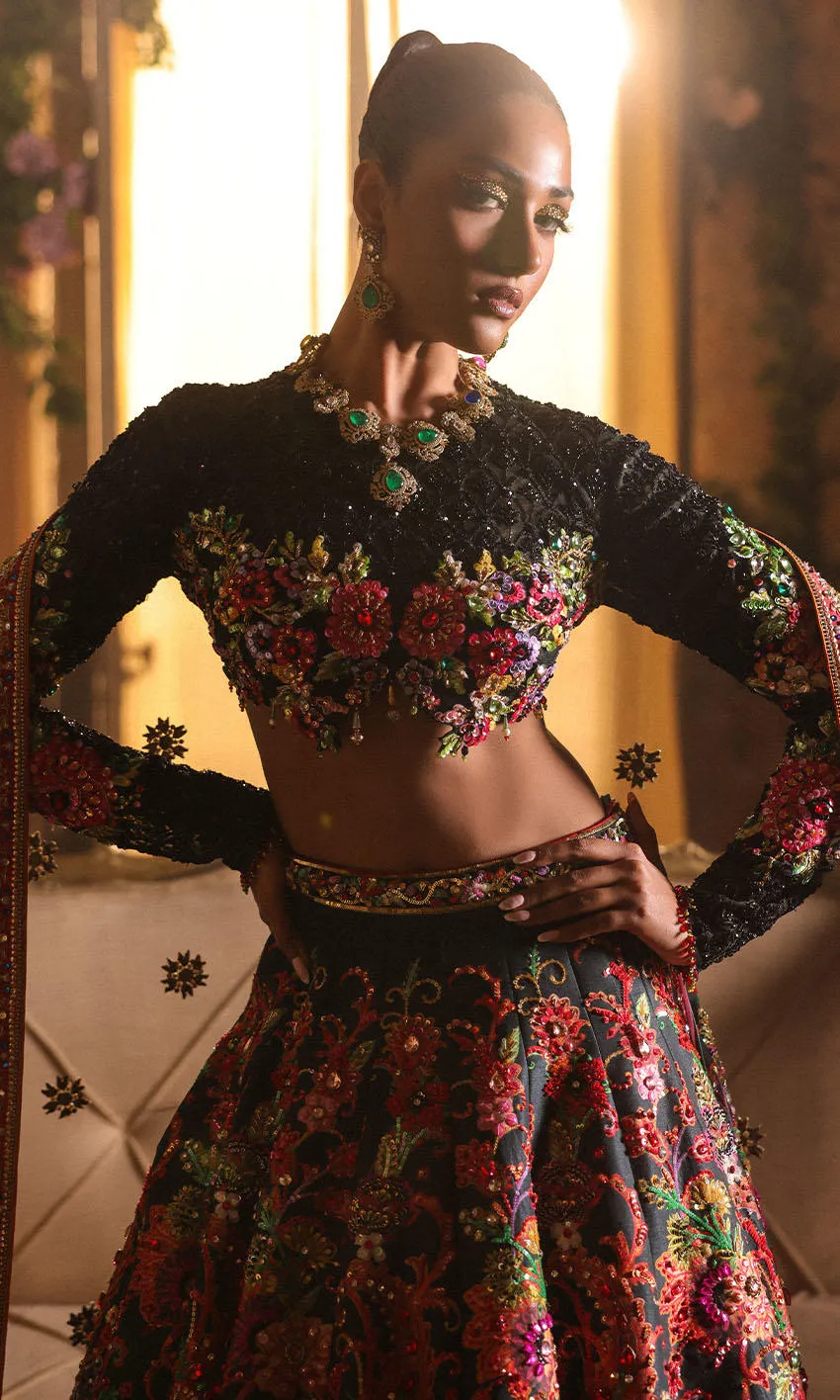 Classic Raw Silk Indian Lehenga Choli Dress in Black