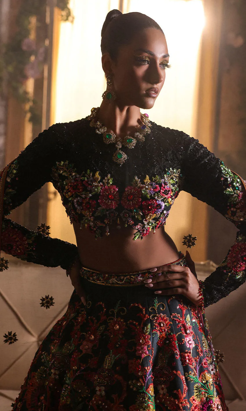 Classic Raw Silk Indian Lehenga Choli Dress in Black