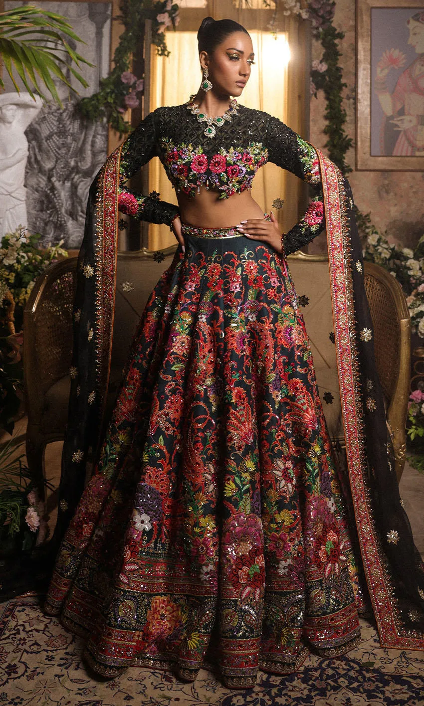 Classic Raw Silk Indian Lehenga Choli Dress in Black