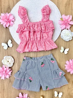 Coastal Florals Lace Top and Ruffle Shorts Set
