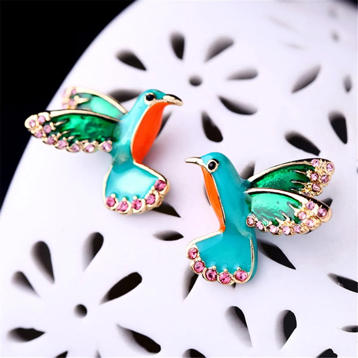 Cubic Zirconia & Enamel 18K Gold-Plated Bird Stud Earrings