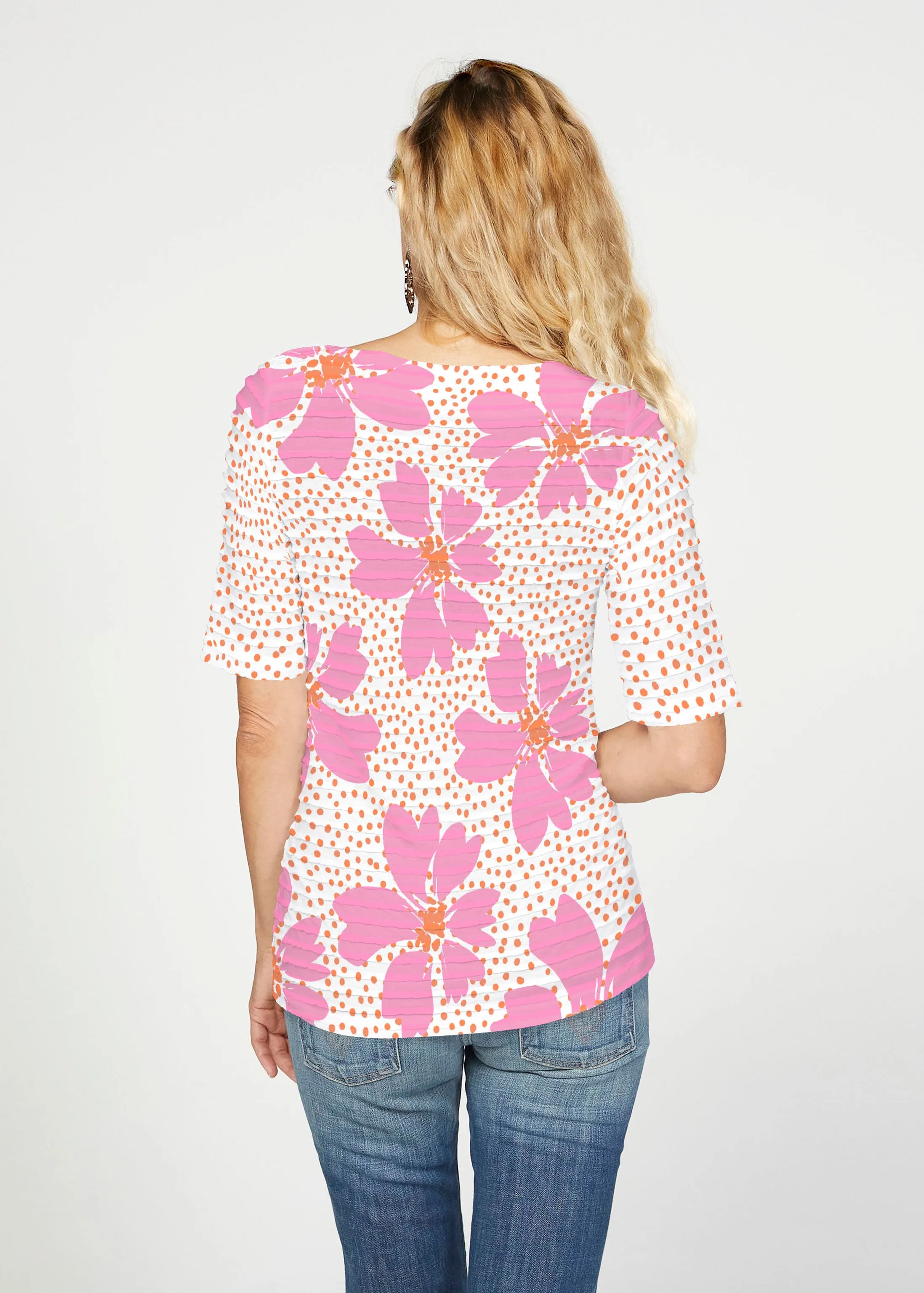 Daisy Dots Pink (8079) ~ Banded Elbow Sleeve Boat Neck Top