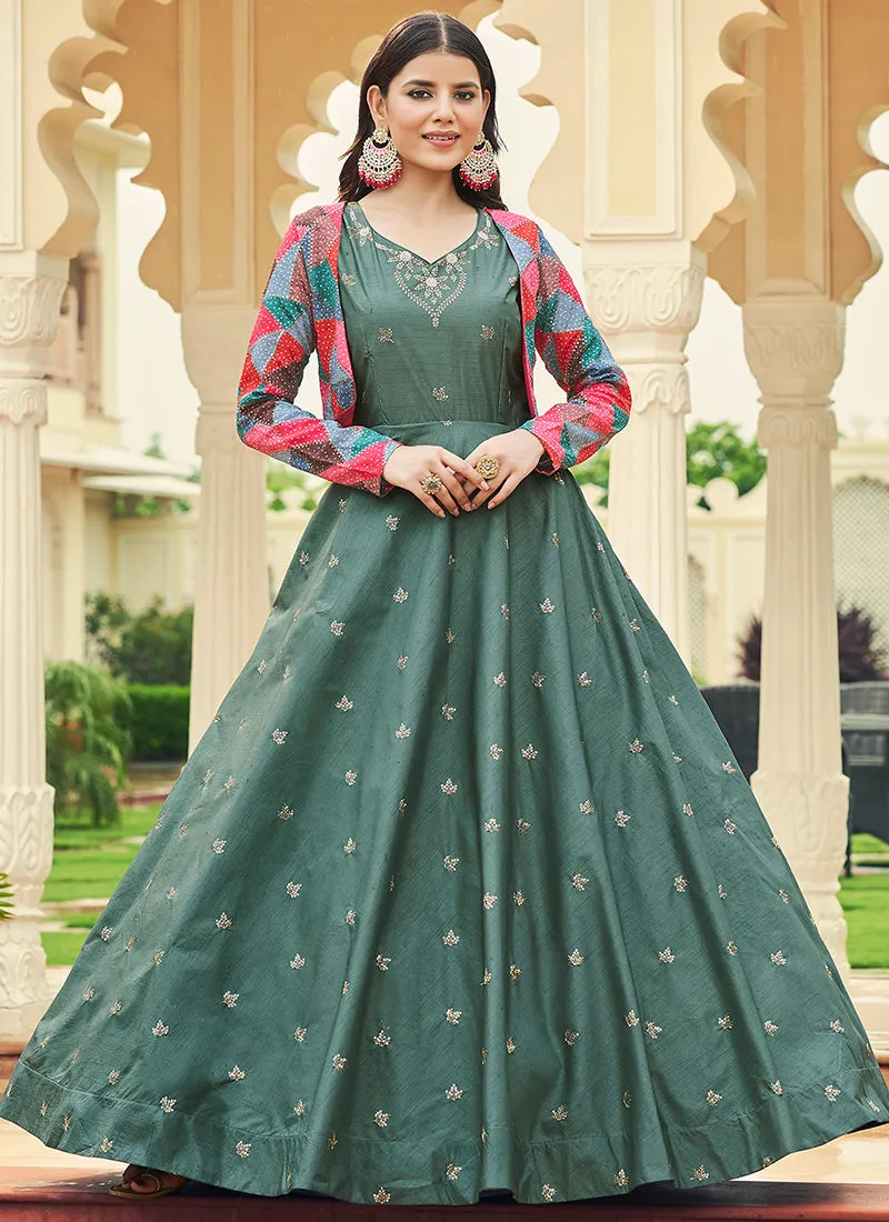 Dusty Green Sequence Embroidered Anarkali Gown With Jacket