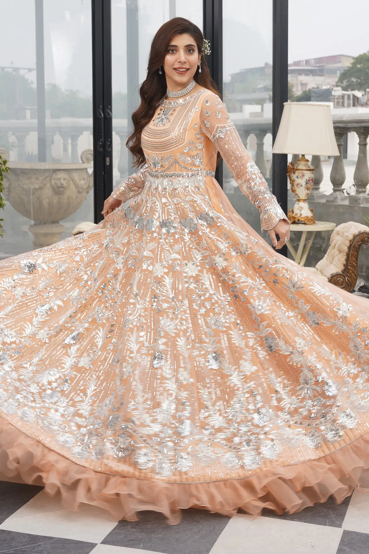 Elegant Pakistani Wedding Gown in Peach Shade #BS907