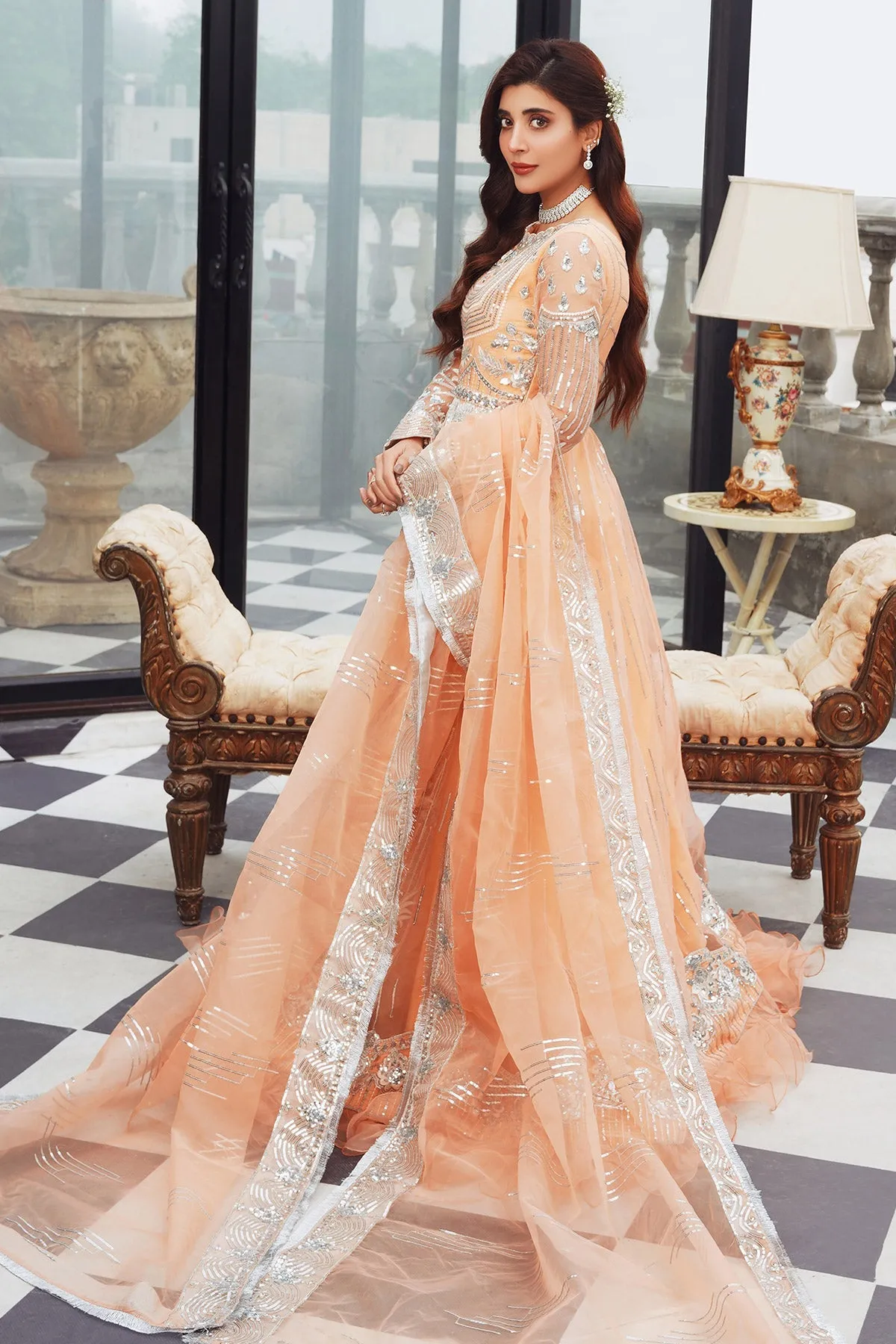 Elegant Pakistani Wedding Gown in Peach Shade #BS907