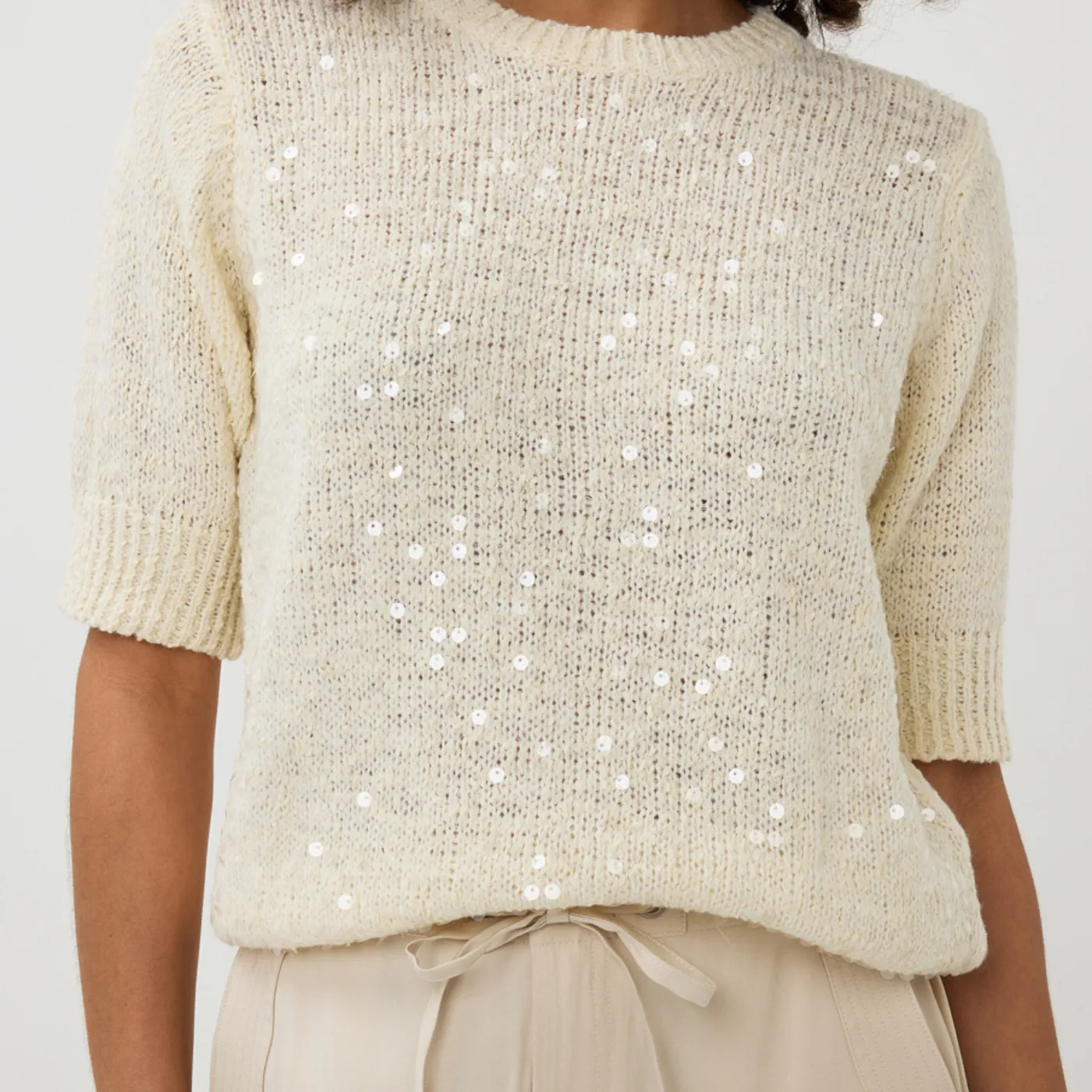 Esqualo Short Sleeve Sequin Sweater | Champagne / Sky Blue