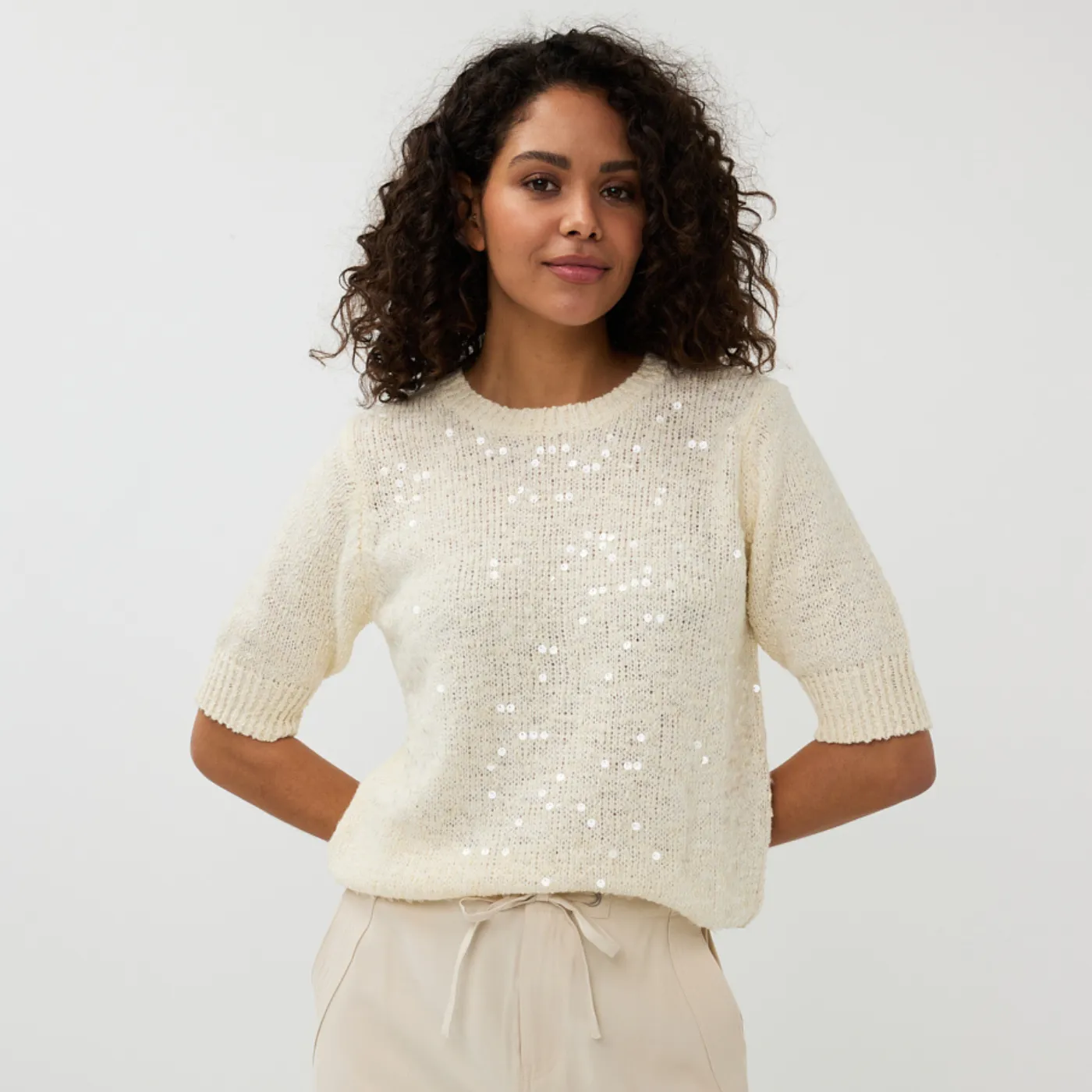 Esqualo Short Sleeve Sequin Sweater | Champagne / Sky Blue