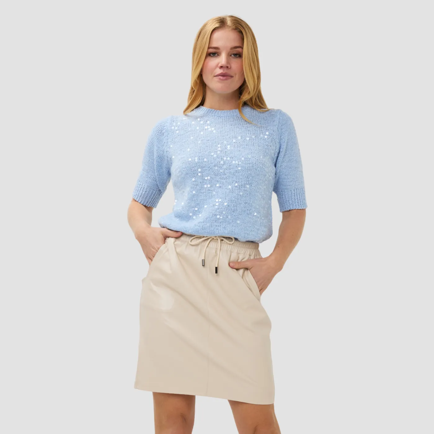 Esqualo Short Sleeve Sequin Sweater | Champagne / Sky Blue