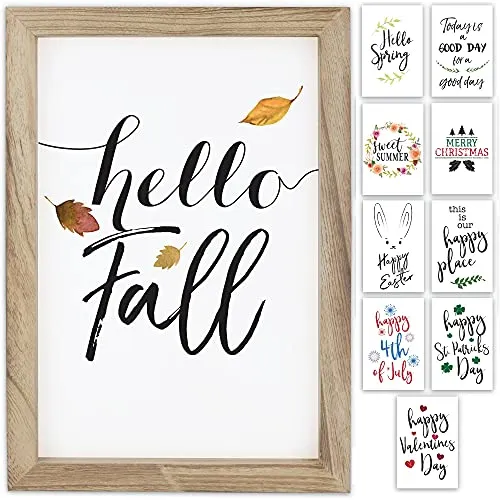 Farmhouse Wall Decor Signs With 10 Interchangeable Sayings For Fall Home Decor - Easy To Hang 11x16” Rustic Wood Picture Frame with 10 Designs – Beautiful Fall, Thanksgiving And Halloween Decorations For Your Living Room