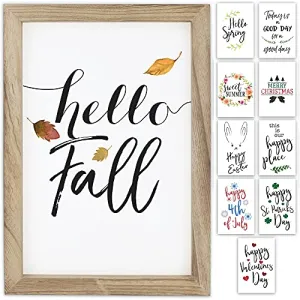 Farmhouse Wall Decor Signs With 10 Interchangeable Sayings For Fall Home Decor - Easy To Hang 11x16” Rustic Wood Picture Frame with 10 Designs – Beautiful Fall, Thanksgiving And Halloween Decorations For Your Living Room