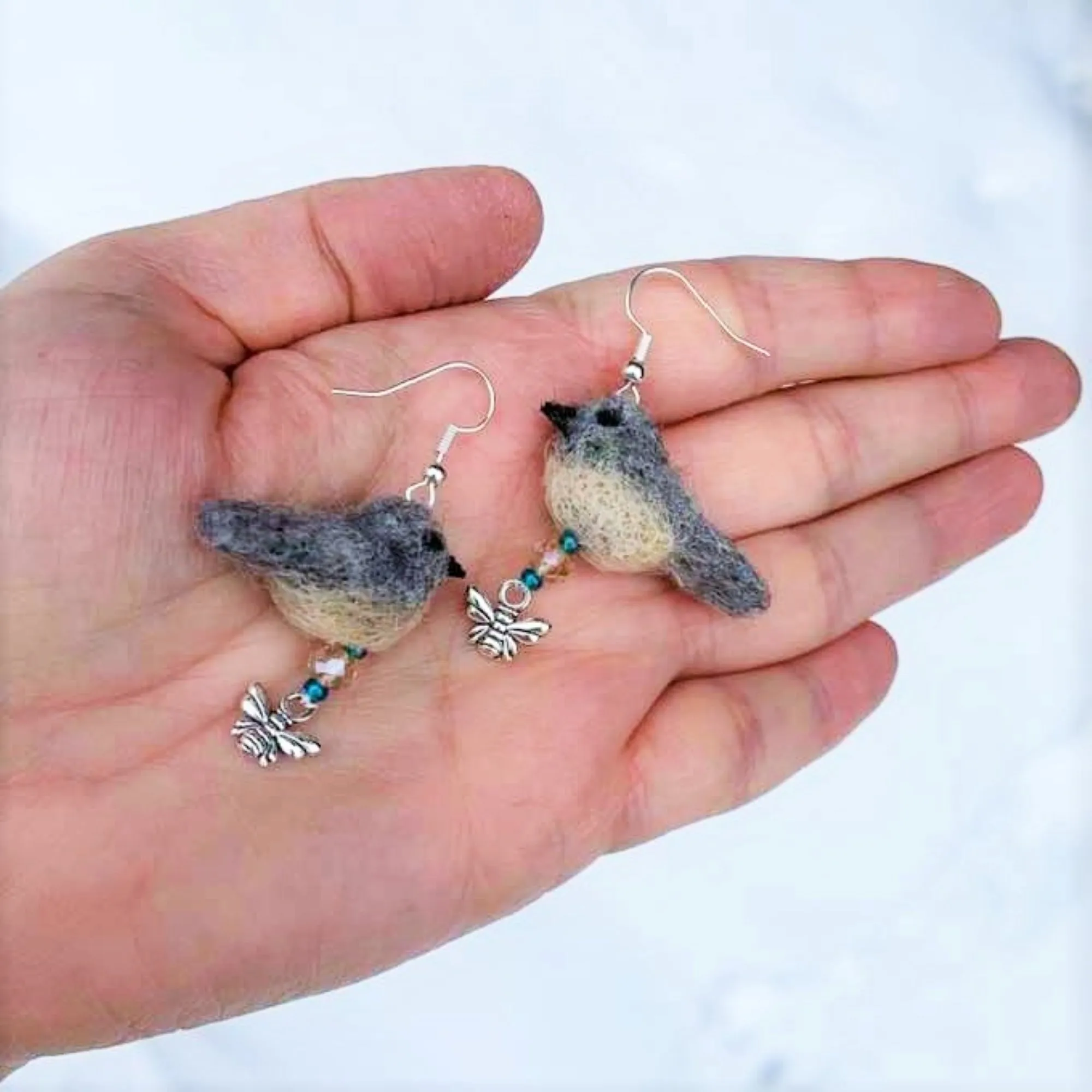 Felted Bird Earrings with Charm