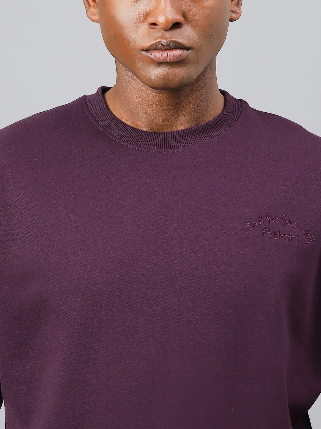 Fitkin Men Purple Crew Neck Fleece Sweatshirt