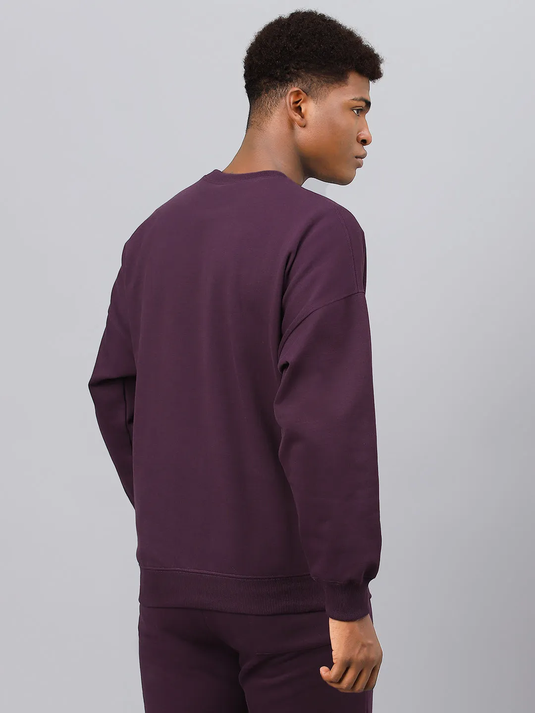 Fitkin Men Purple Crew Neck Fleece Sweatshirt