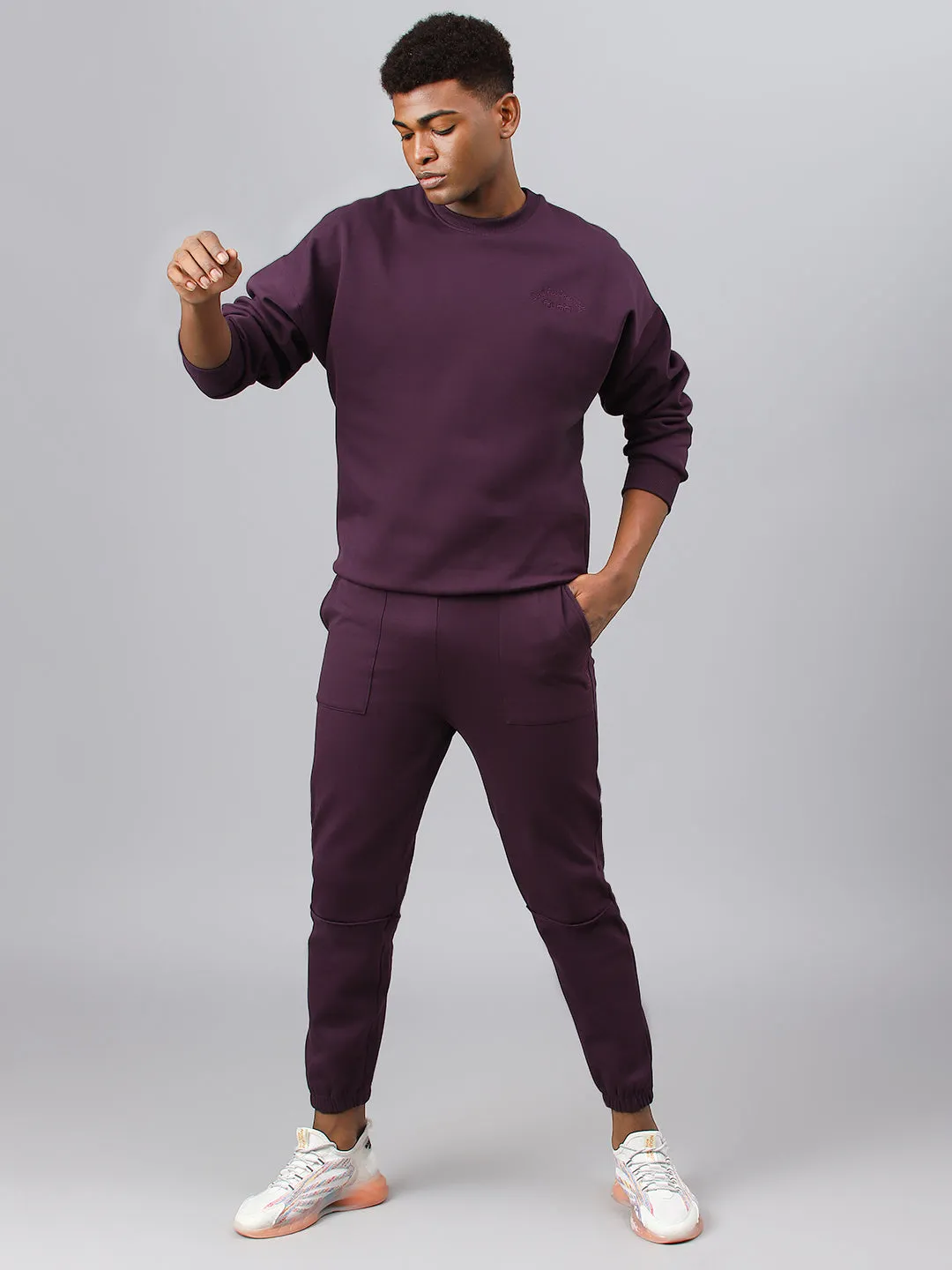 Fitkin Men Purple Crew Neck Fleece Sweatshirt