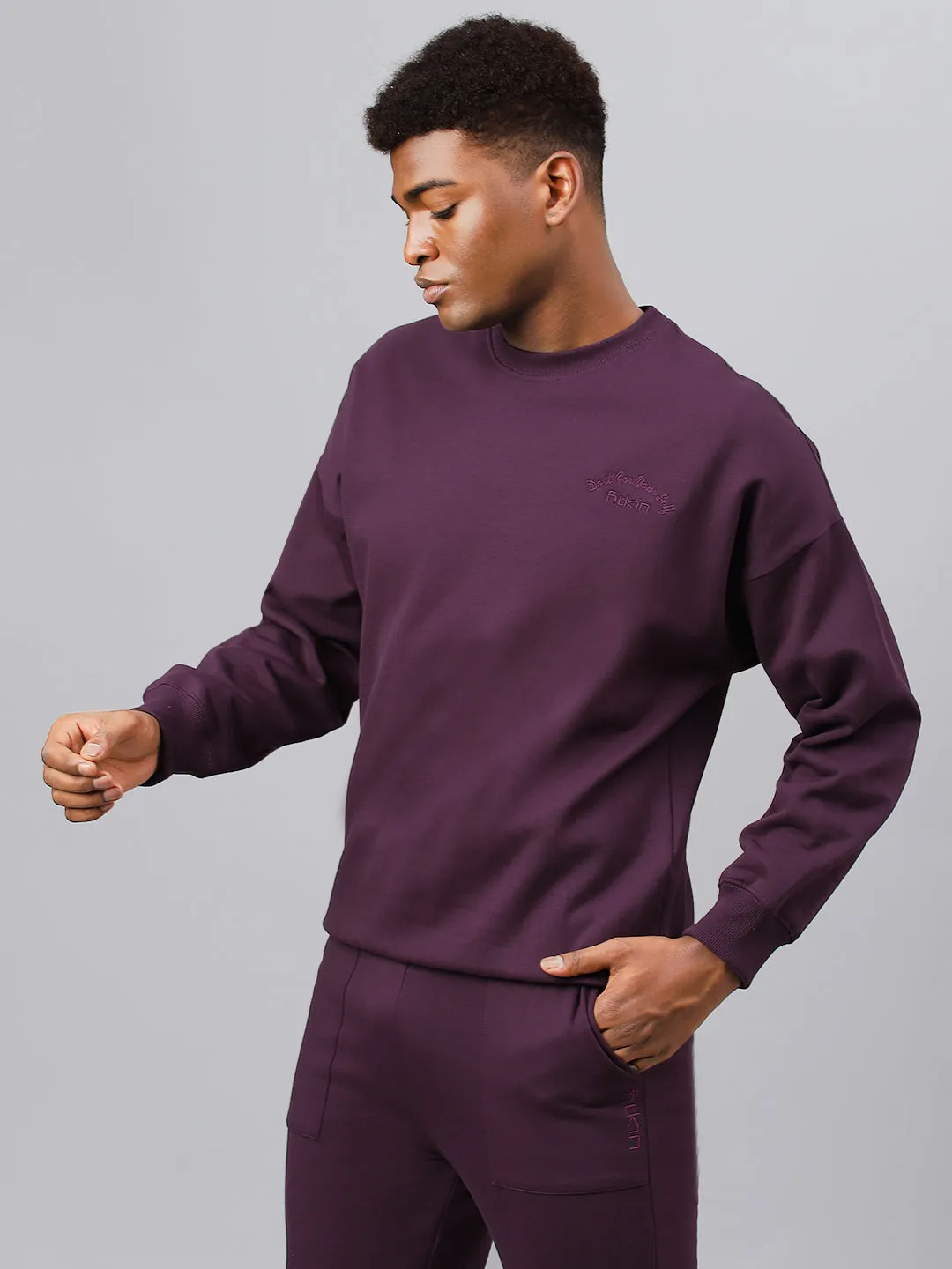 Fitkin Men Purple Crew Neck Fleece Sweatshirt
