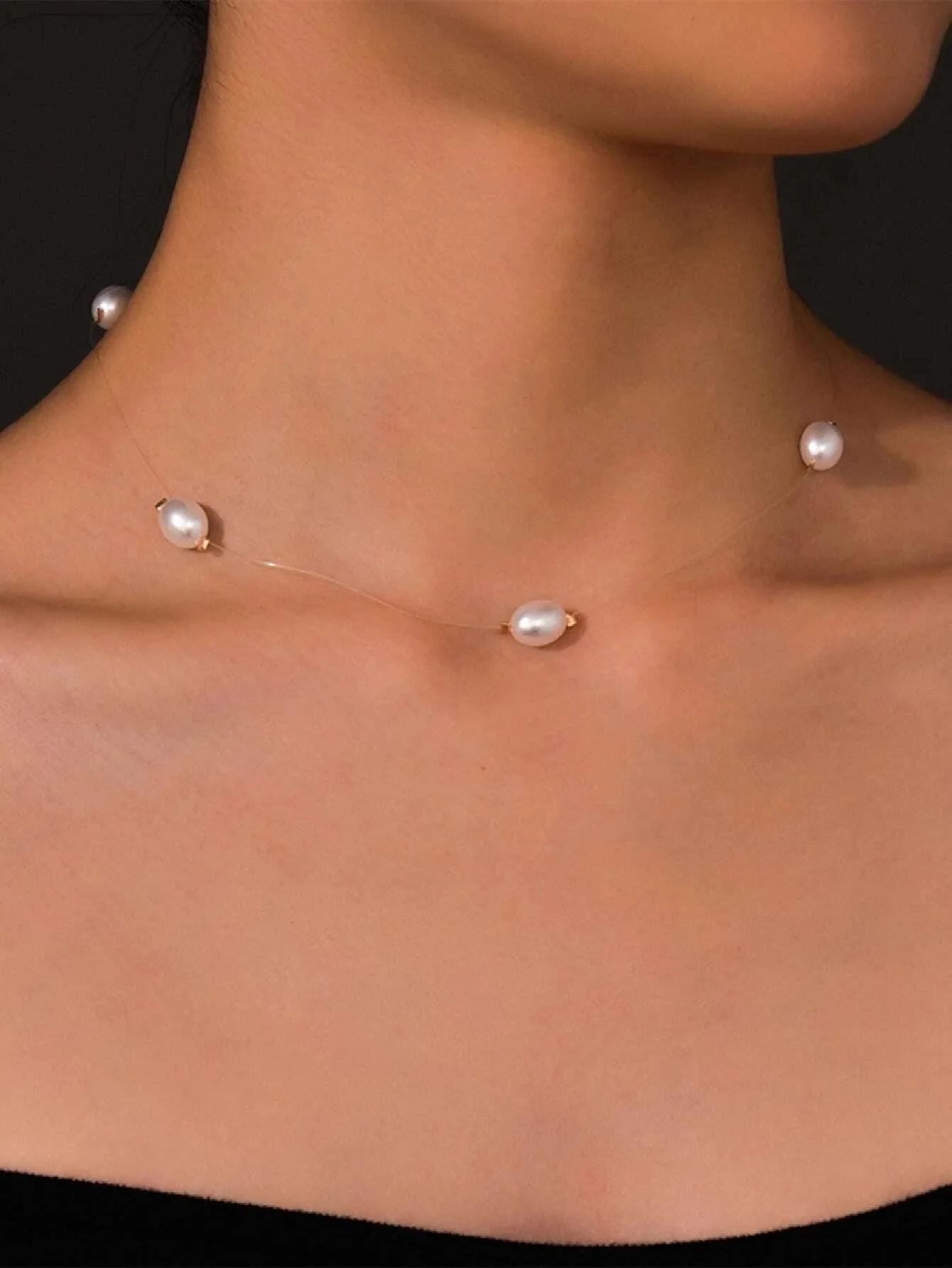 Floating Oval Pearl Minimalist Necklace, Wedding Single Strand Baroque Pearl Simple Necklace
