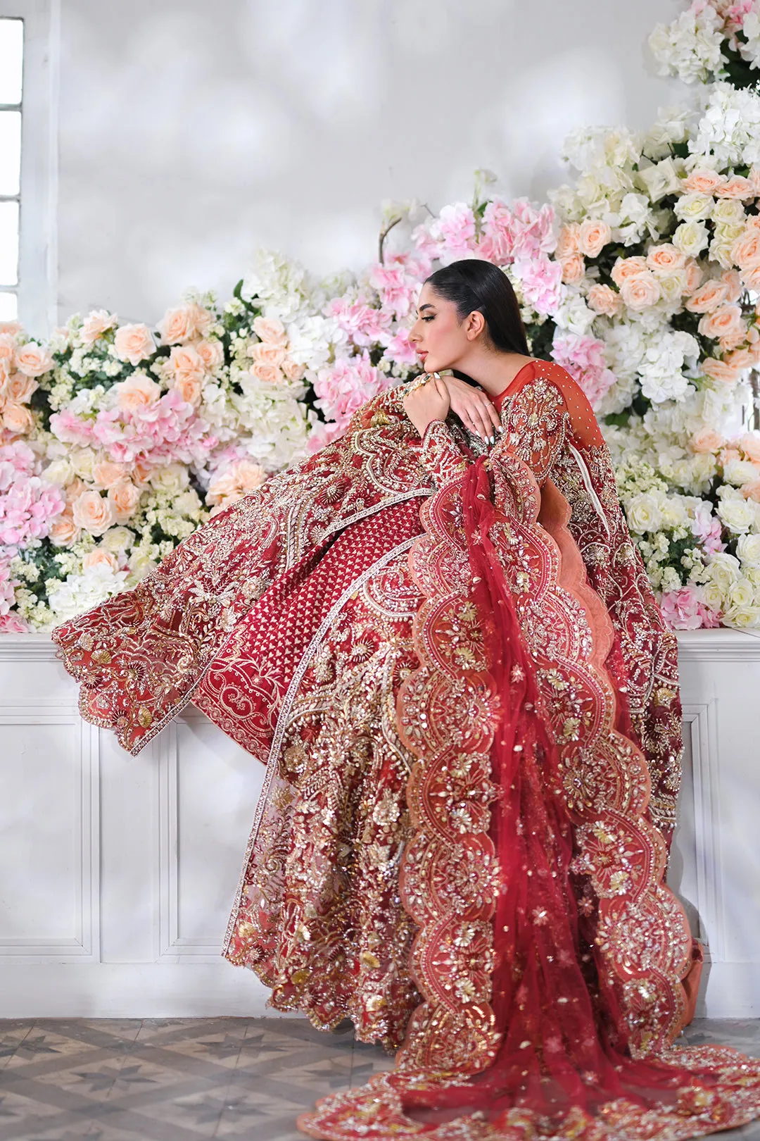 Front Open Gown and Lehenga Red Pakistani Bridal Dress