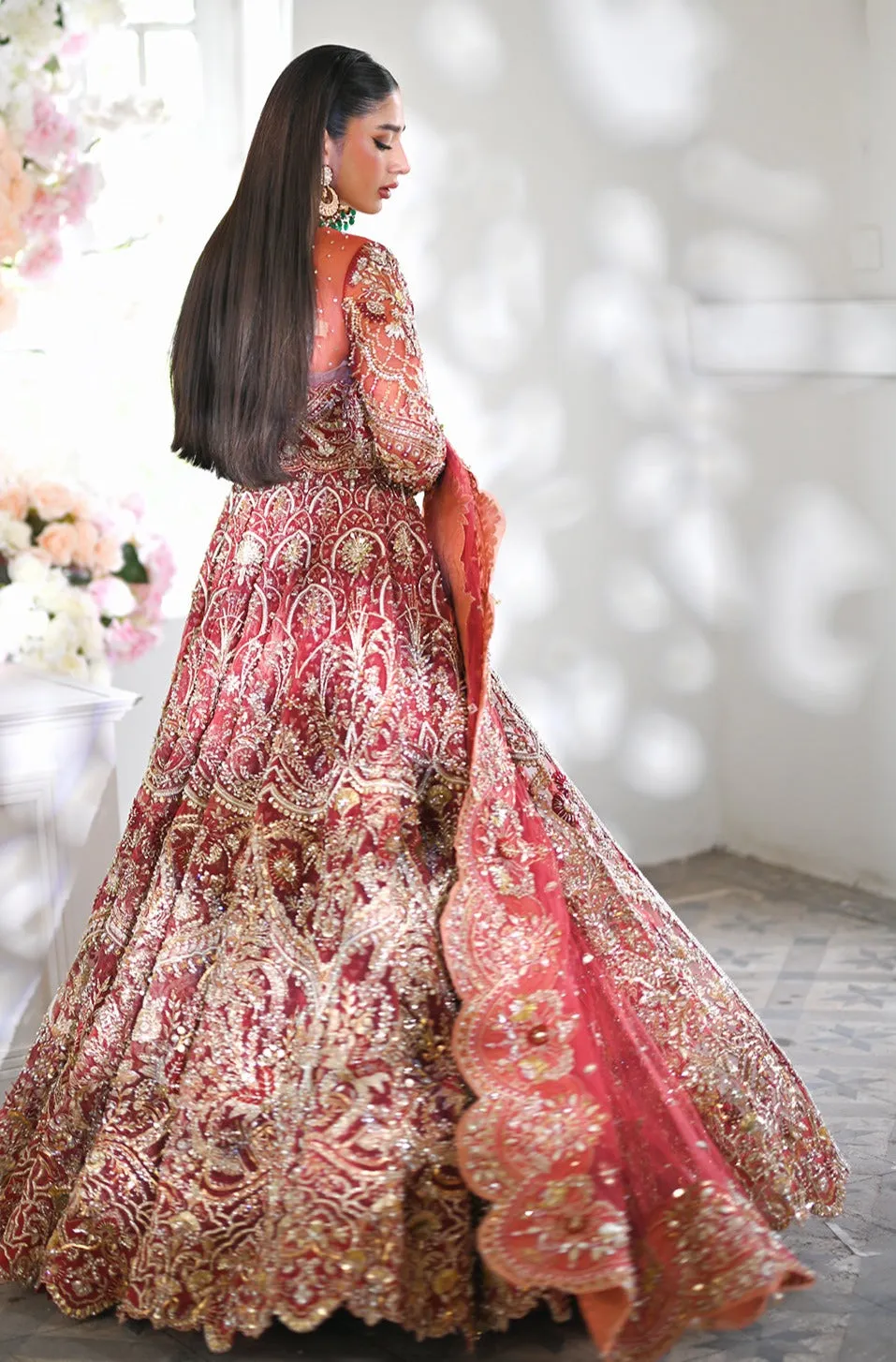 Front Open Gown and Lehenga Red Pakistani Bridal Dress