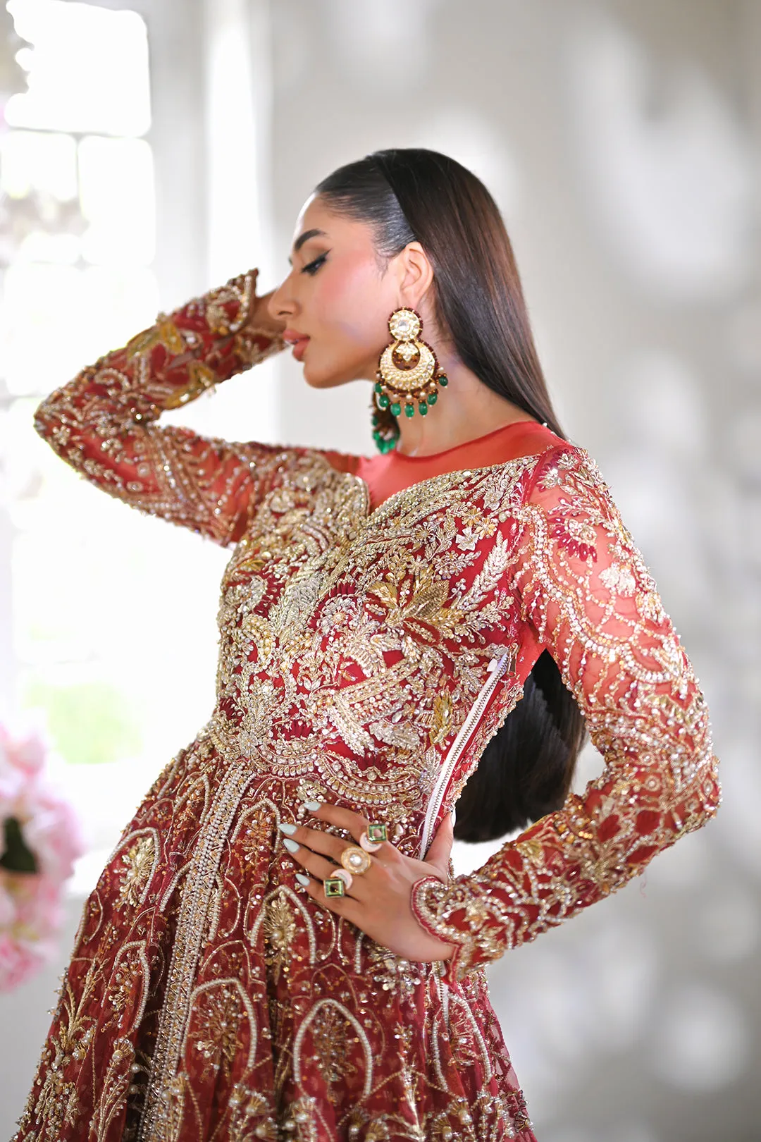 Front Open Gown and Lehenga Red Pakistani Bridal Dress