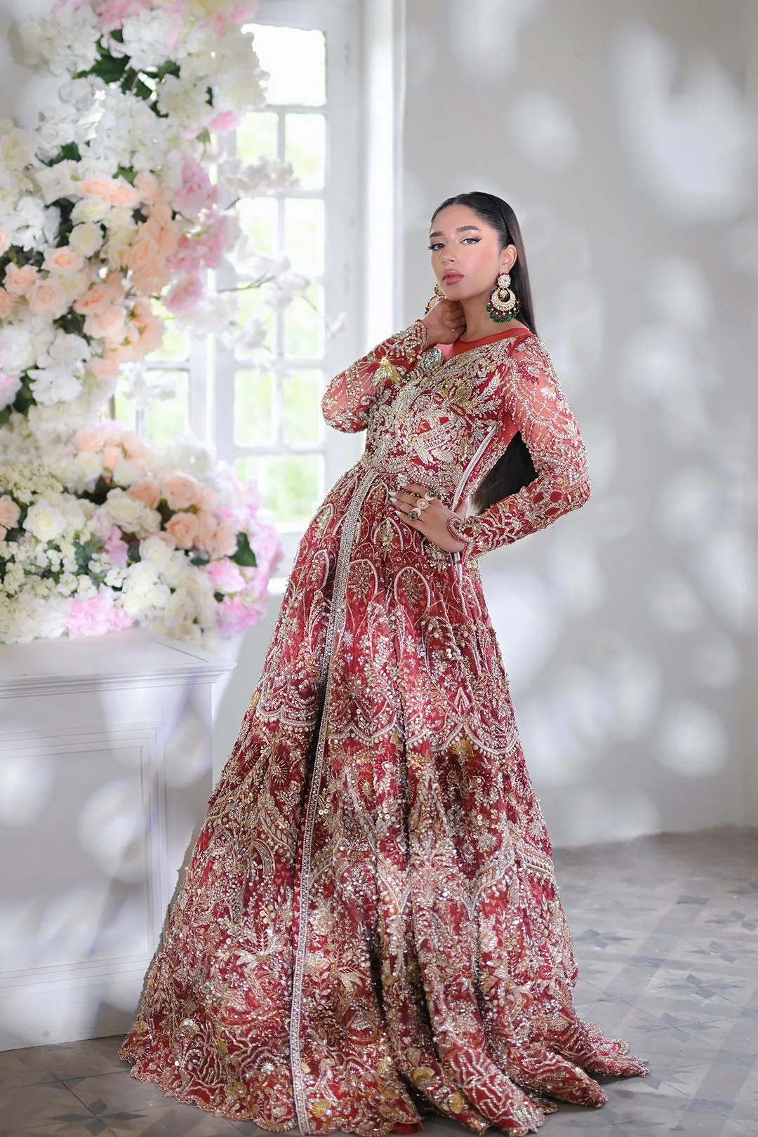 Front Open Gown and Lehenga Red Pakistani Bridal Dress