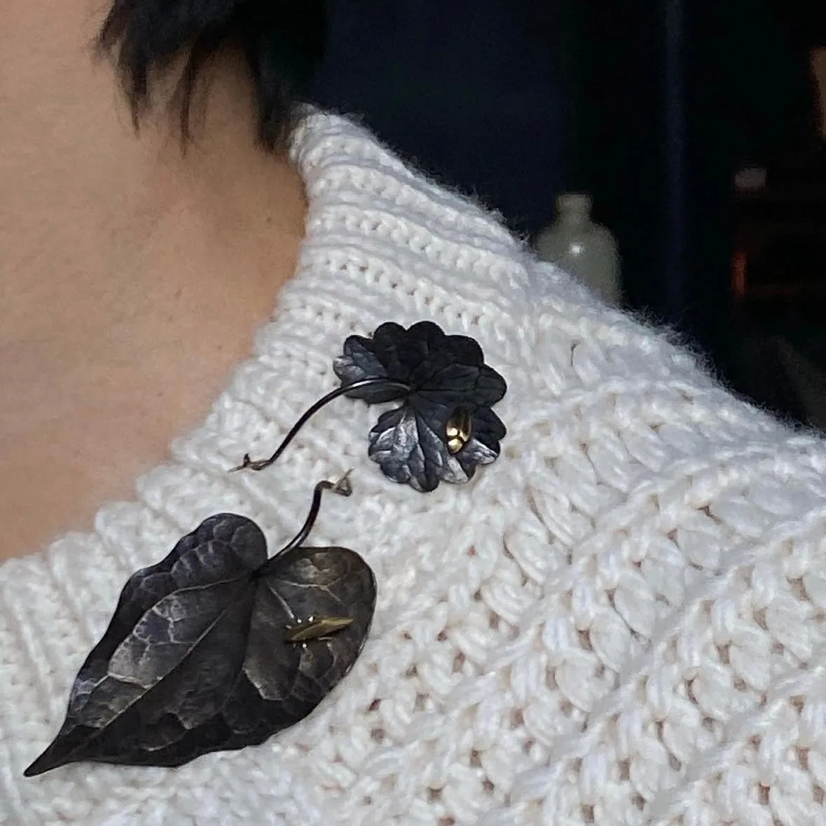 Gabriella Kiss Bronze Scallop Leaf Pin with 18k Beetle