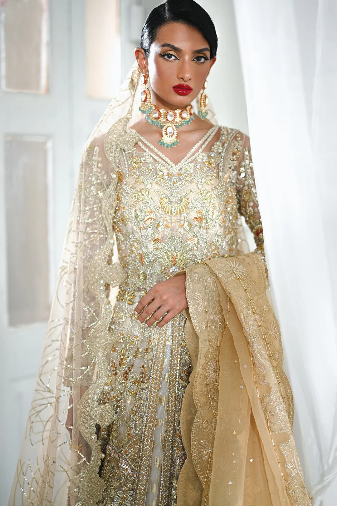 Golden Pakistani Bridal Outfit in Gown Lehenga Style