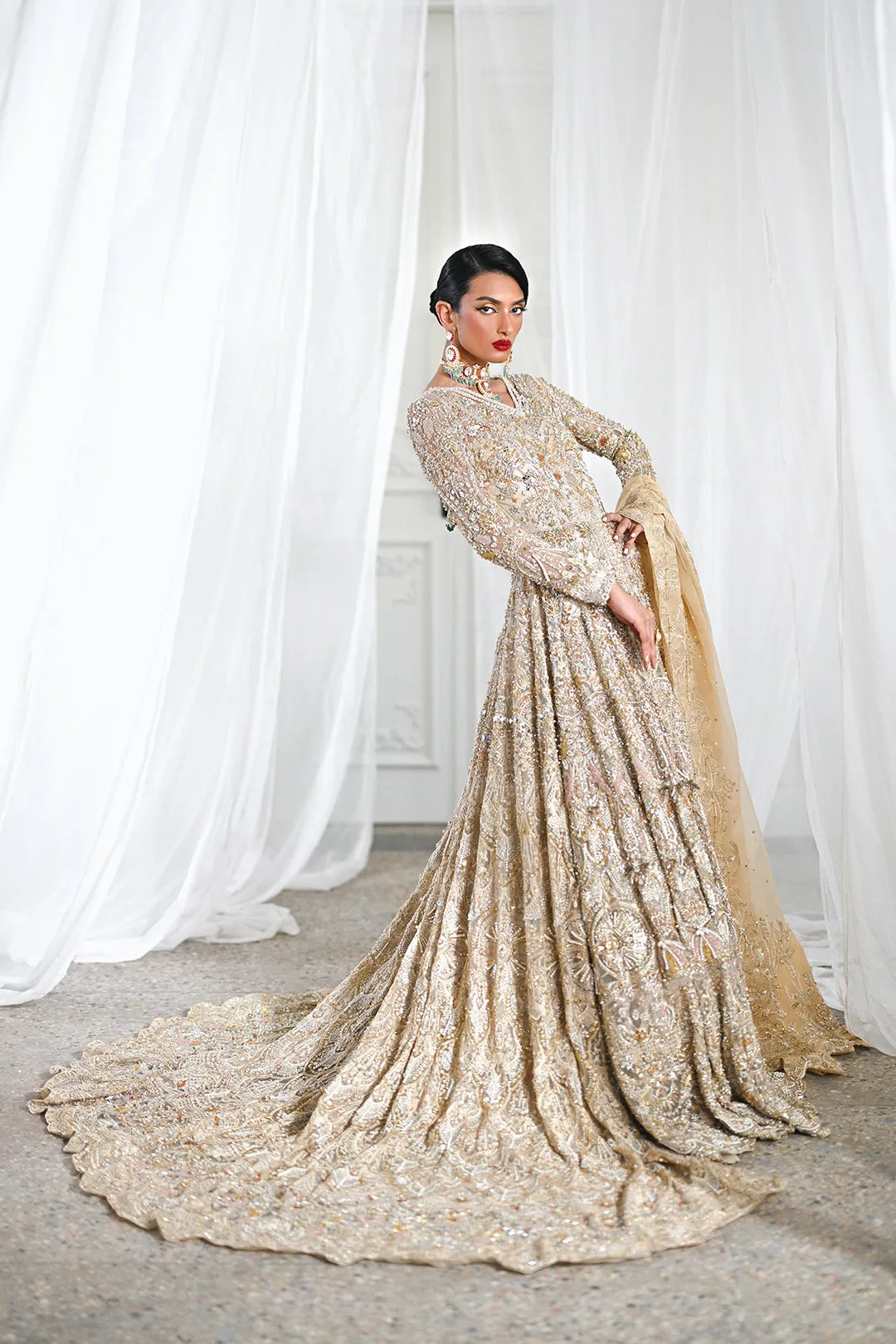 Golden Pakistani Bridal Outfit in Gown Lehenga Style