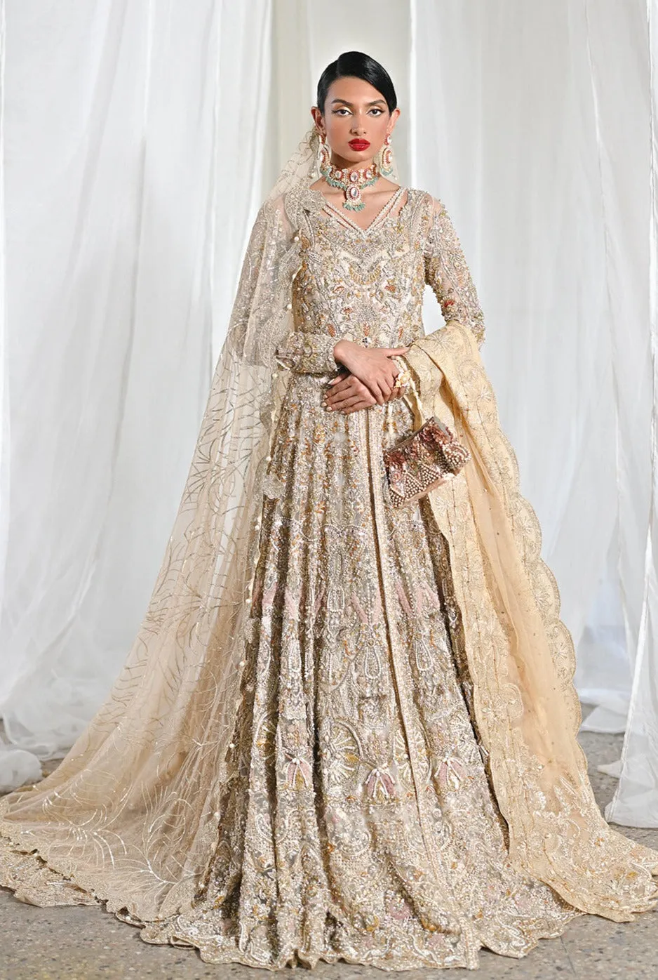 Golden Pakistani Bridal Outfit in Gown Lehenga Style