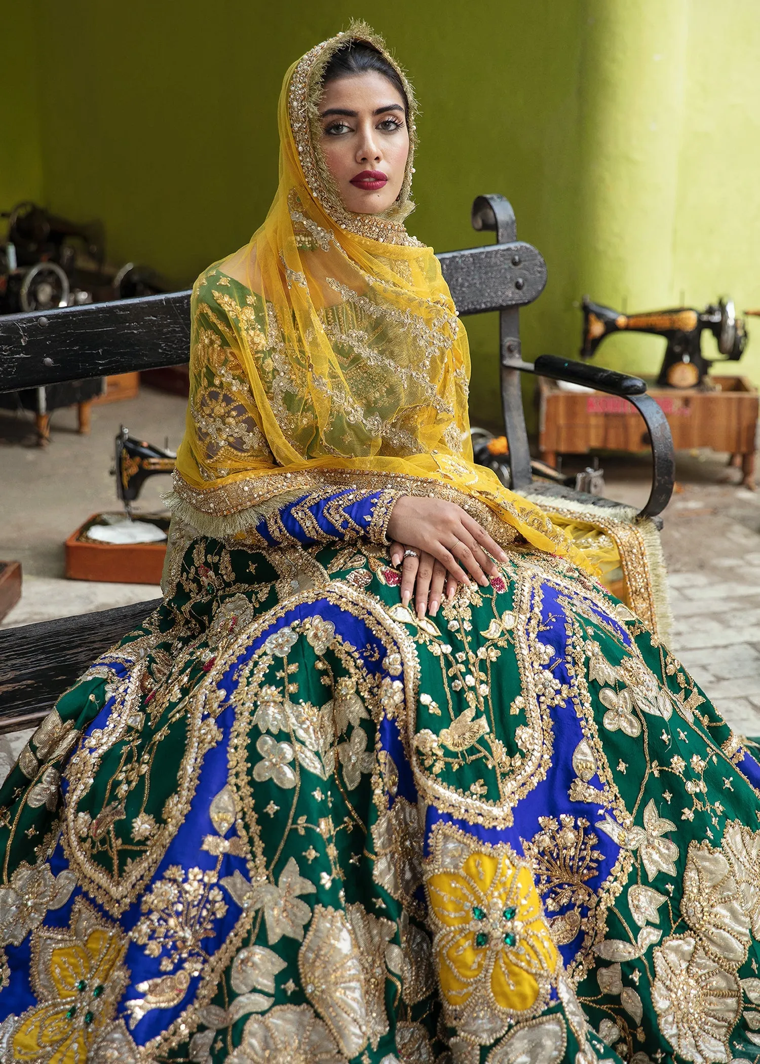 Green Lehenga Choli with Yellow Dupatta Dress #BS793