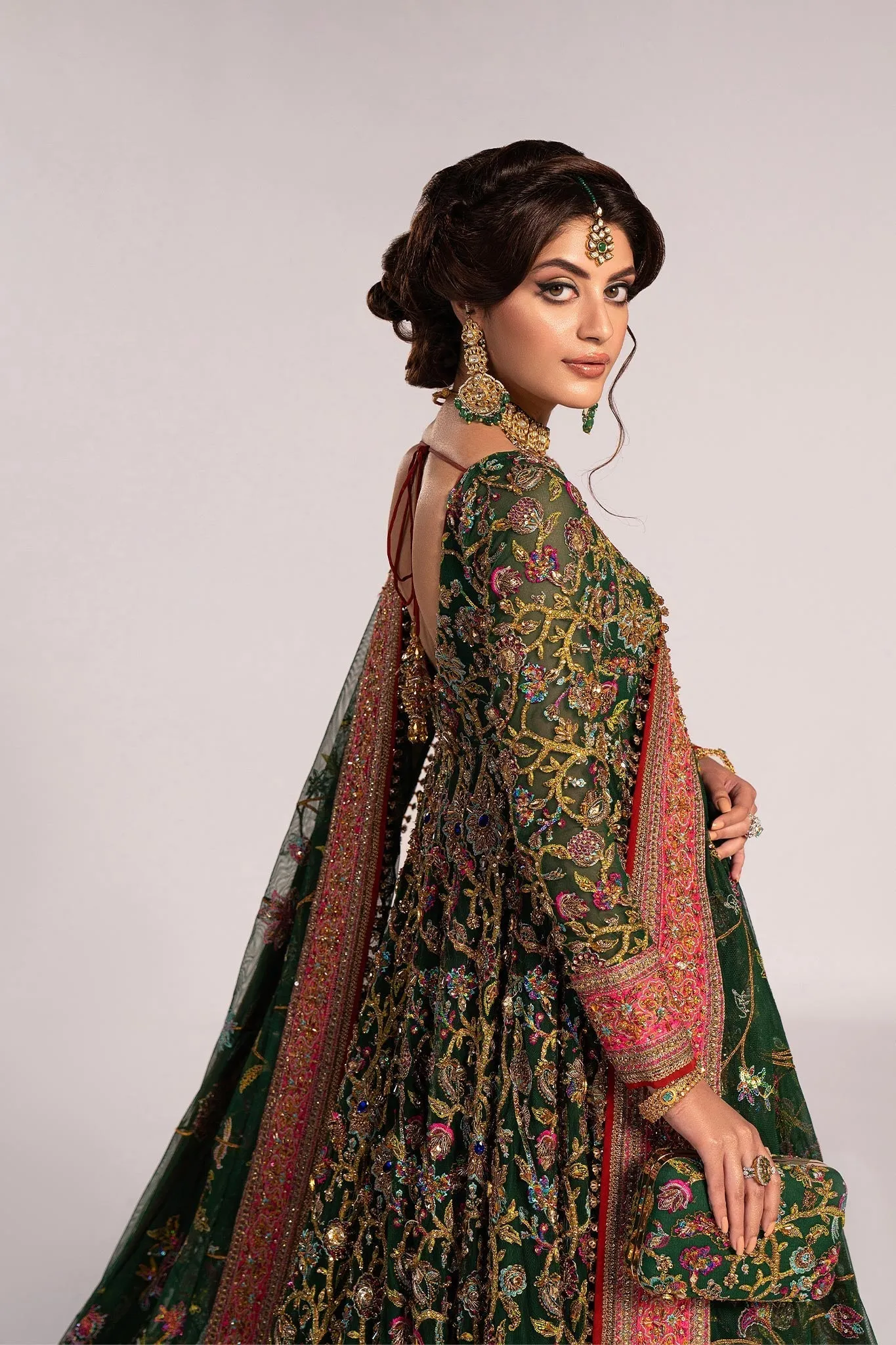 Green Pakistani Mehndi Dress in Pishwas Frock Style