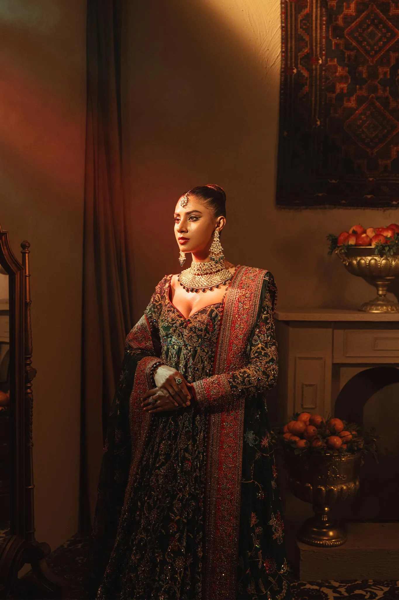 Green Pakistani Mehndi Dress in Pishwas Frock Style