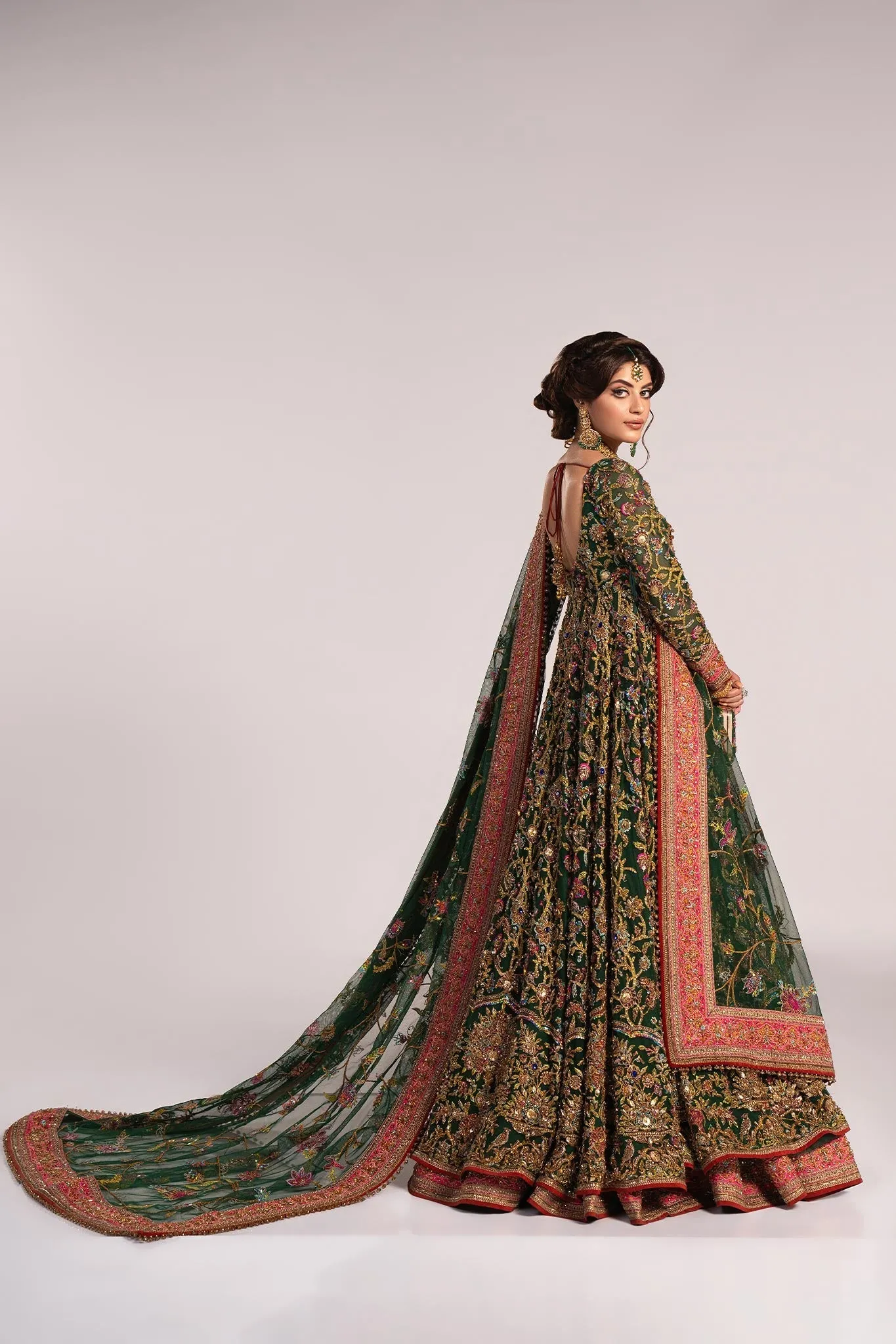 Green Pakistani Mehndi Dress in Pishwas Frock Style