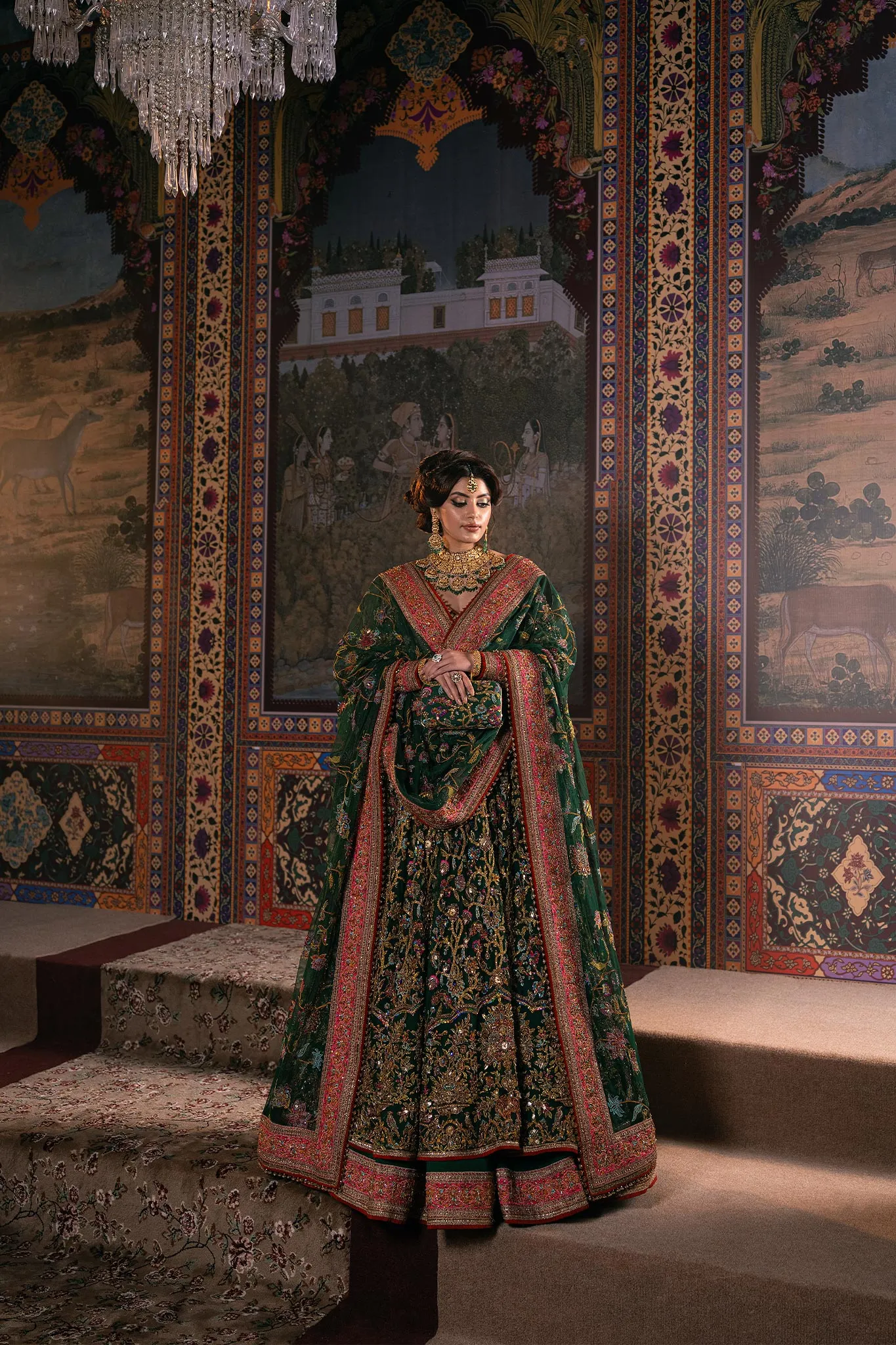 Green Pakistani Mehndi Dress in Pishwas Frock Style