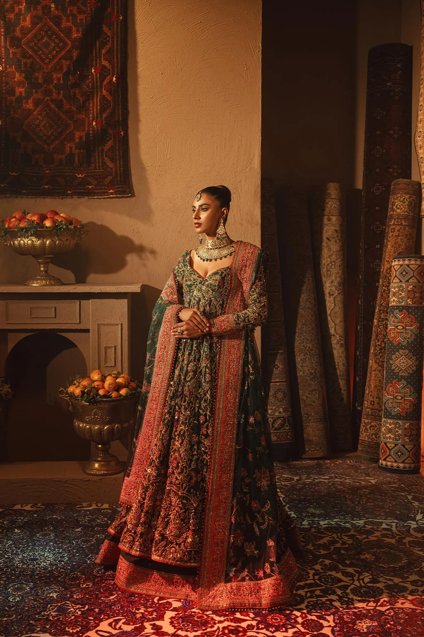 Green Pakistani Mehndi Dress in Pishwas Frock Style
