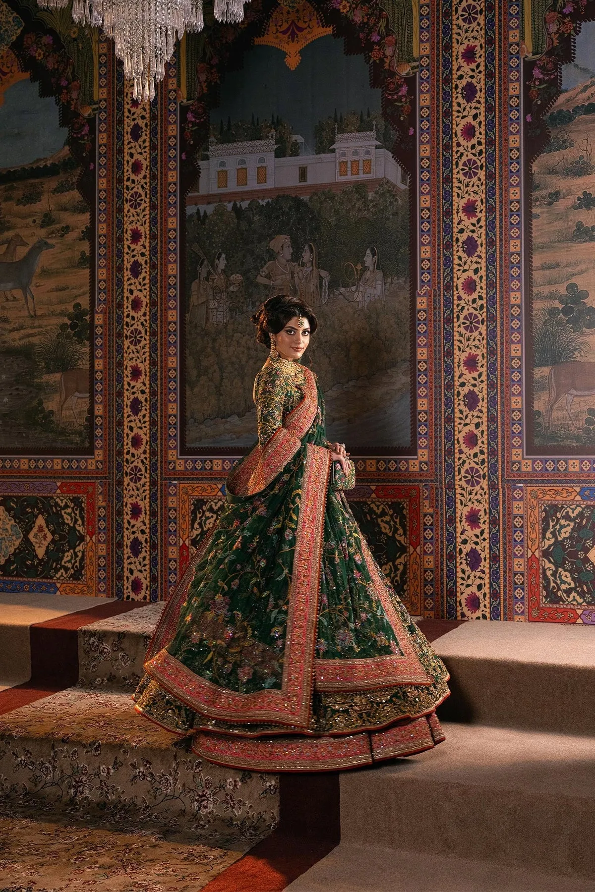 Green Pakistani Mehndi Dress in Pishwas Frock Style