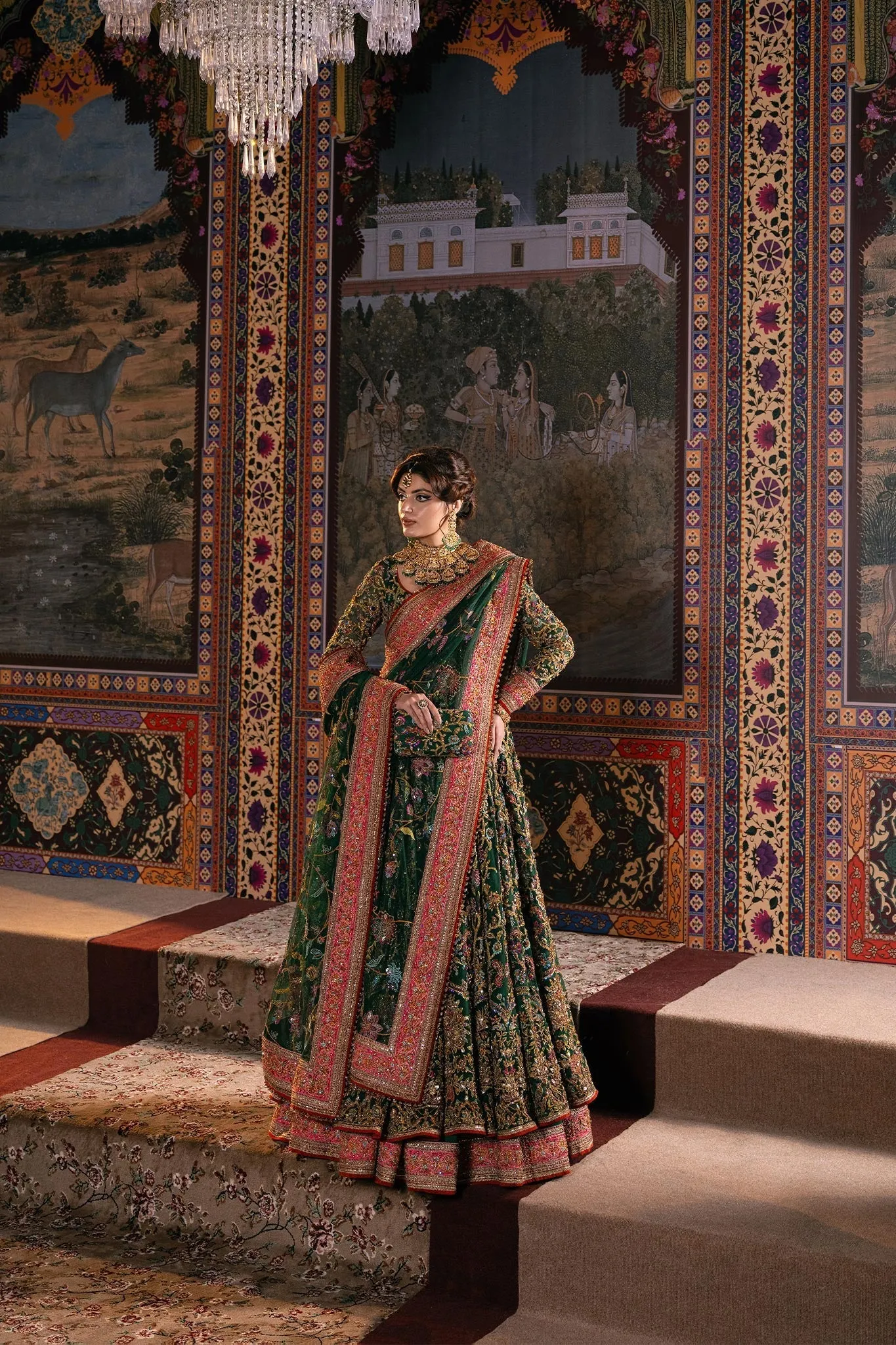 Green Pakistani Mehndi Dress in Pishwas Frock Style