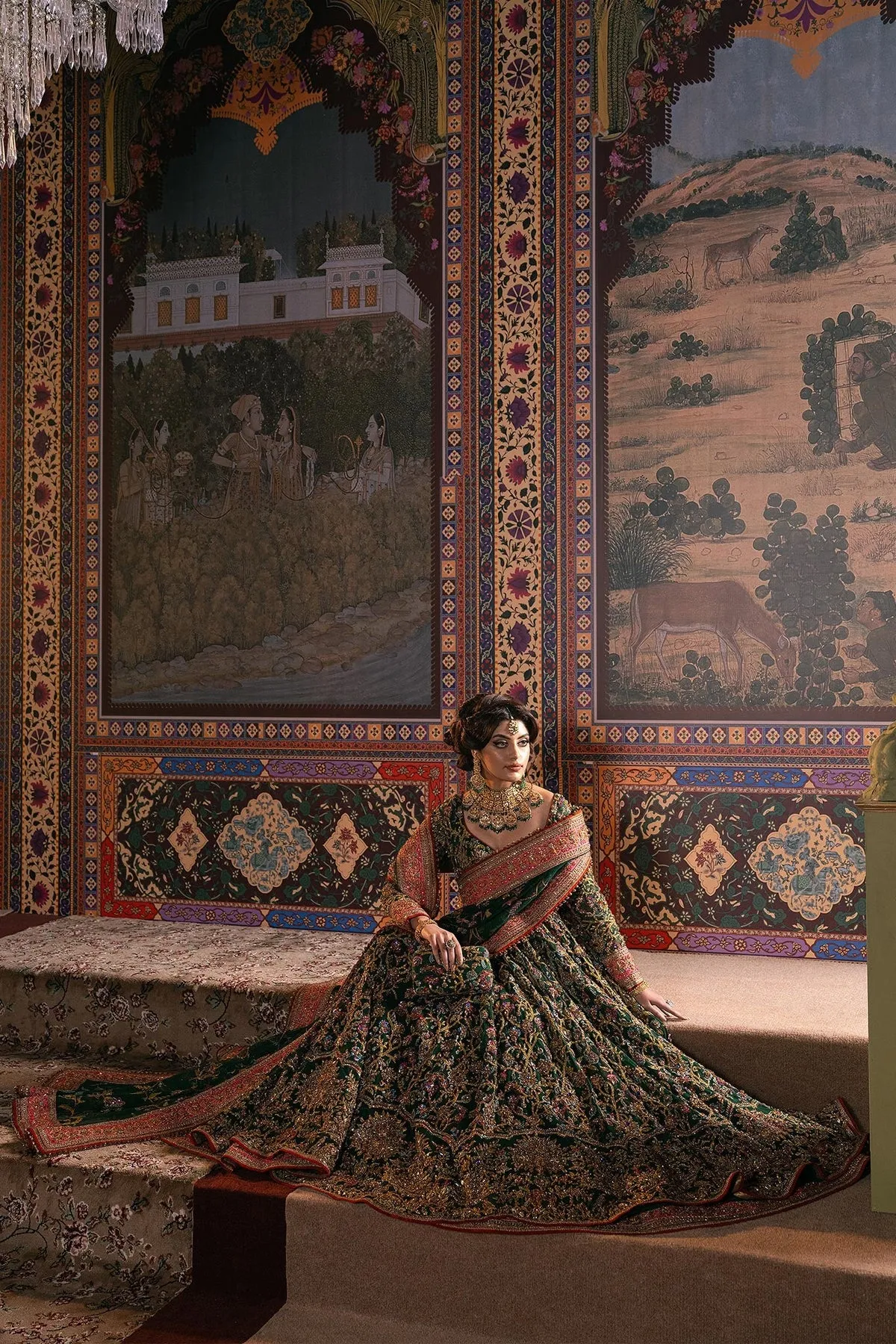 Green Pakistani Mehndi Dress in Pishwas Frock Style