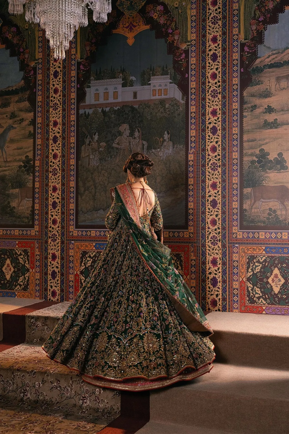 Green Pakistani Mehndi Dress in Pishwas Frock Style