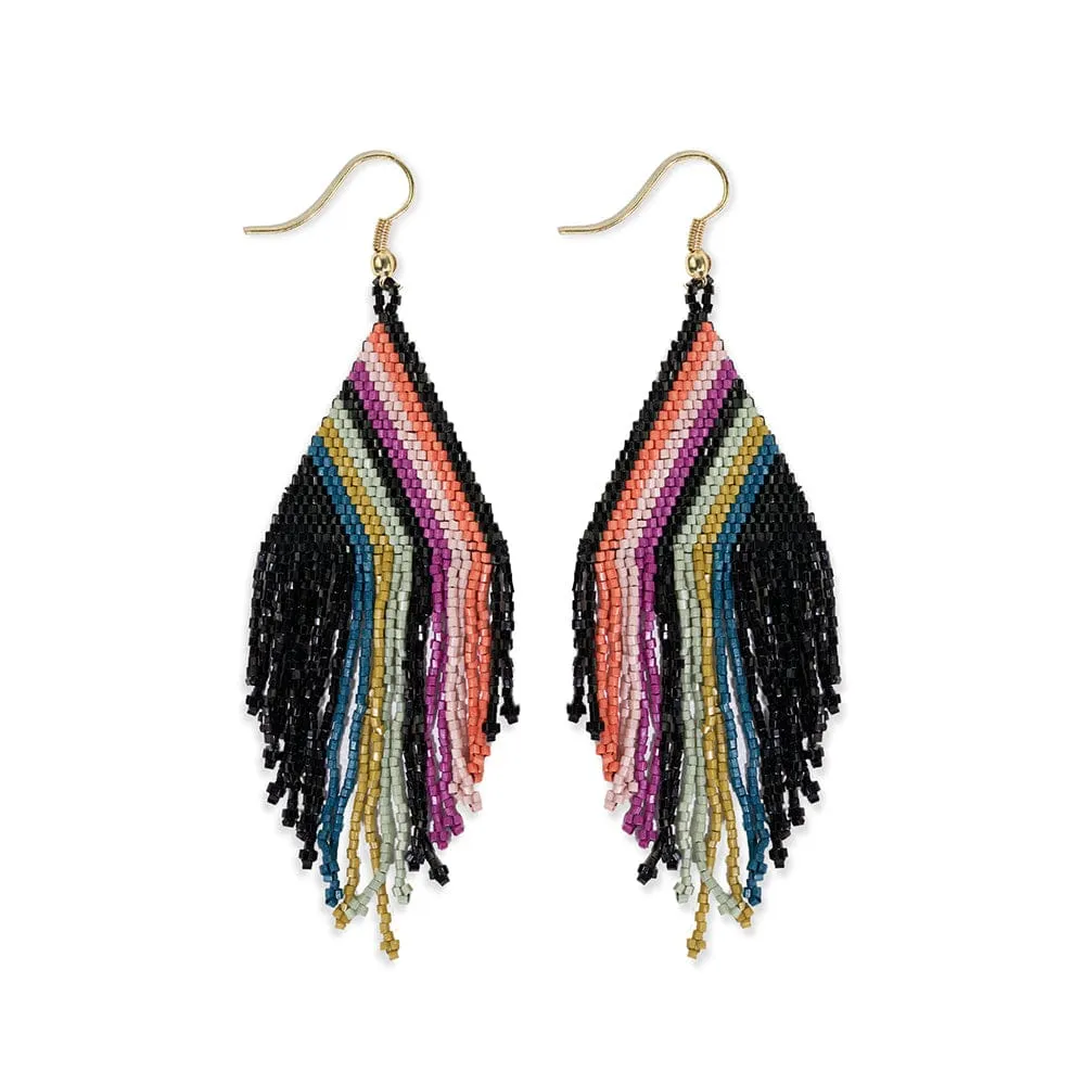 Haley Falling Lines Beaded Fringe Earrings {rainbow   black}