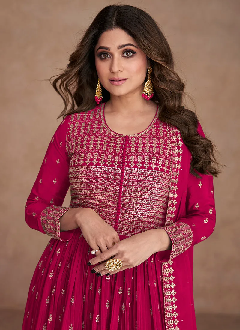 Hot Pink Sequence Embroidery Anarkali Palazzo Suit