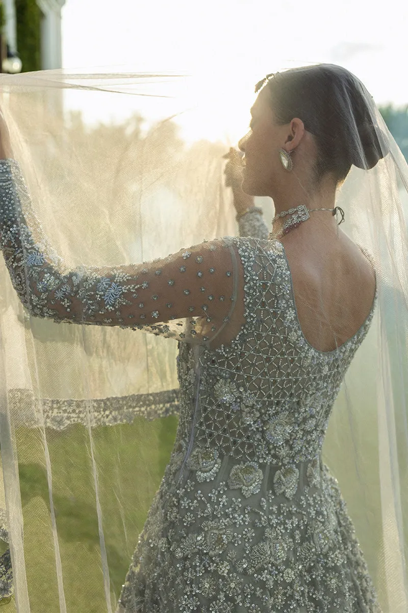 Ice Blue Pakistani Bridal Dress in Gown Lehenga Style