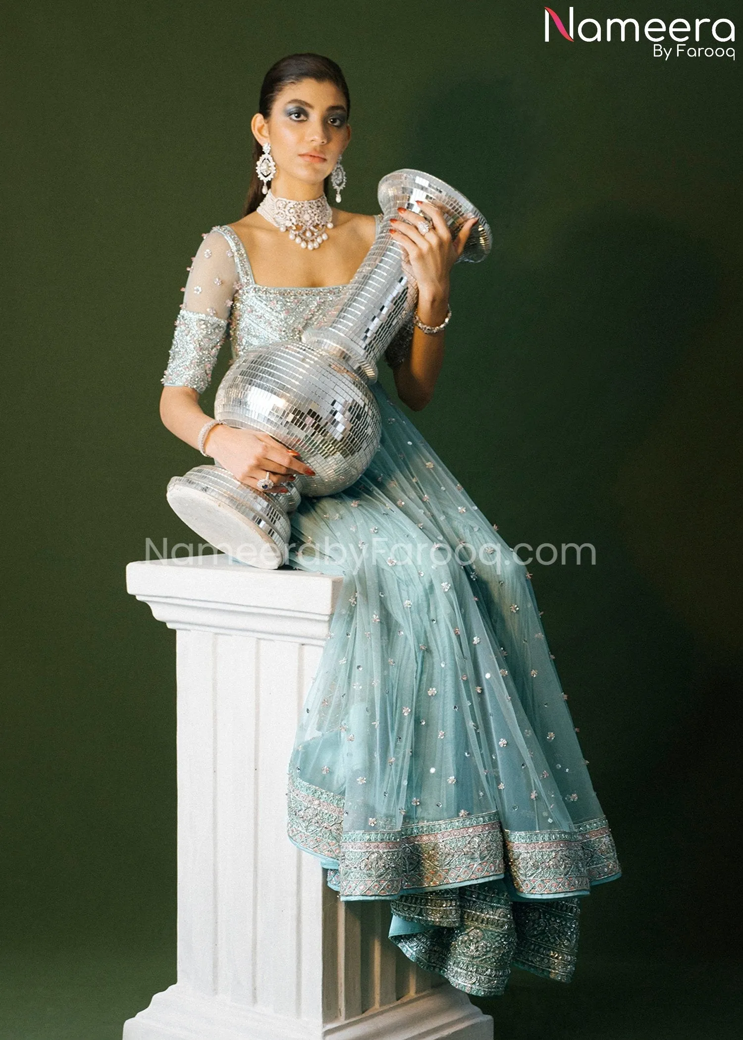 Ice Blue Pakistani Bridal Pishwas with Sharara #BS626
