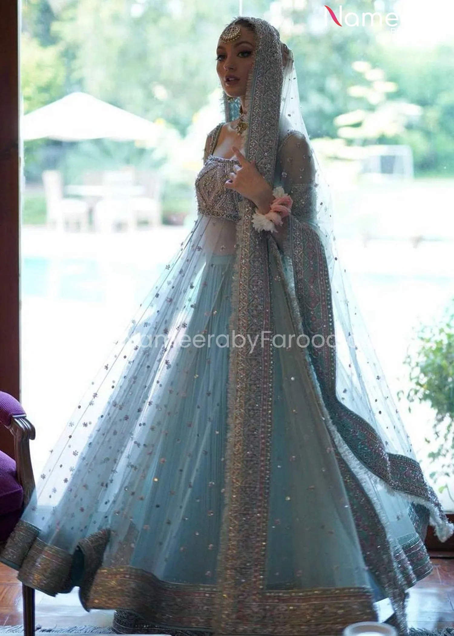 Ice Blue Pakistani Bridal Pishwas with Sharara #BS626