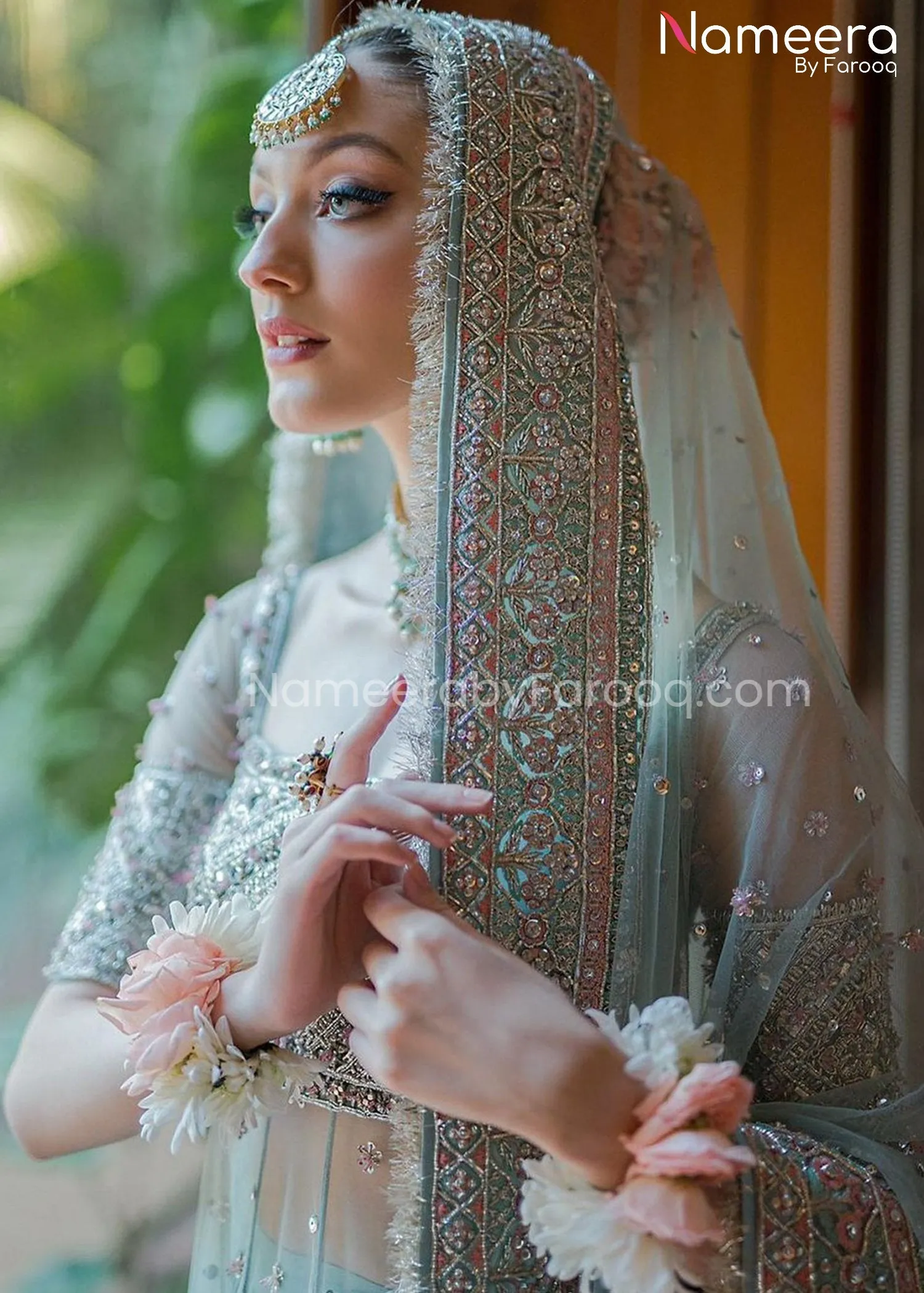 Ice Blue Pakistani Bridal Pishwas with Sharara #BS626