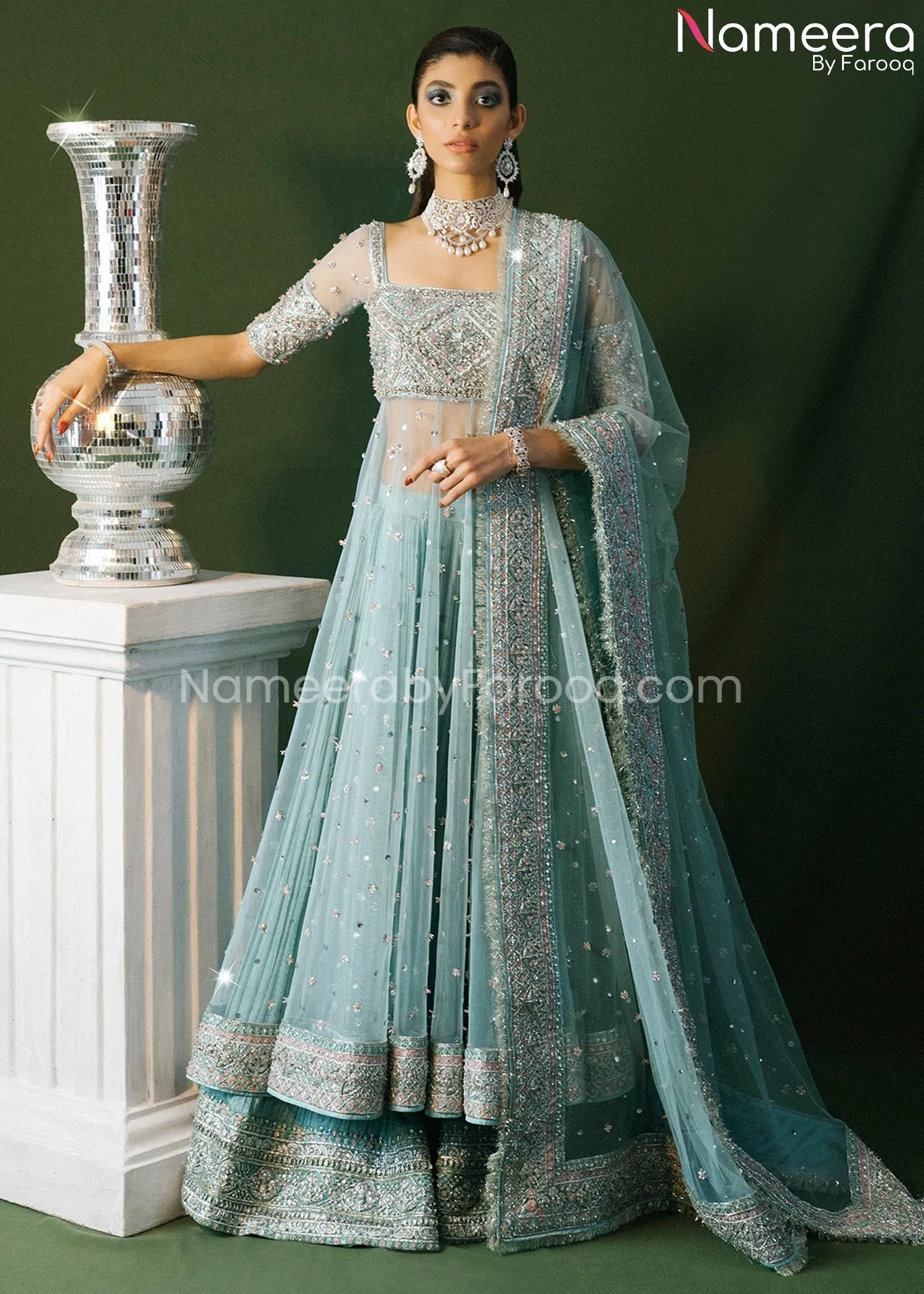 Ice Blue Pakistani Bridal Pishwas with Sharara #BS626
