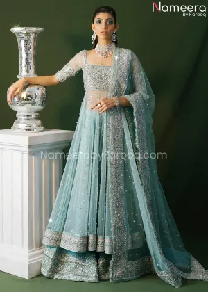 Ice Blue Pakistani Bridal Pishwas with Sharara #BS626