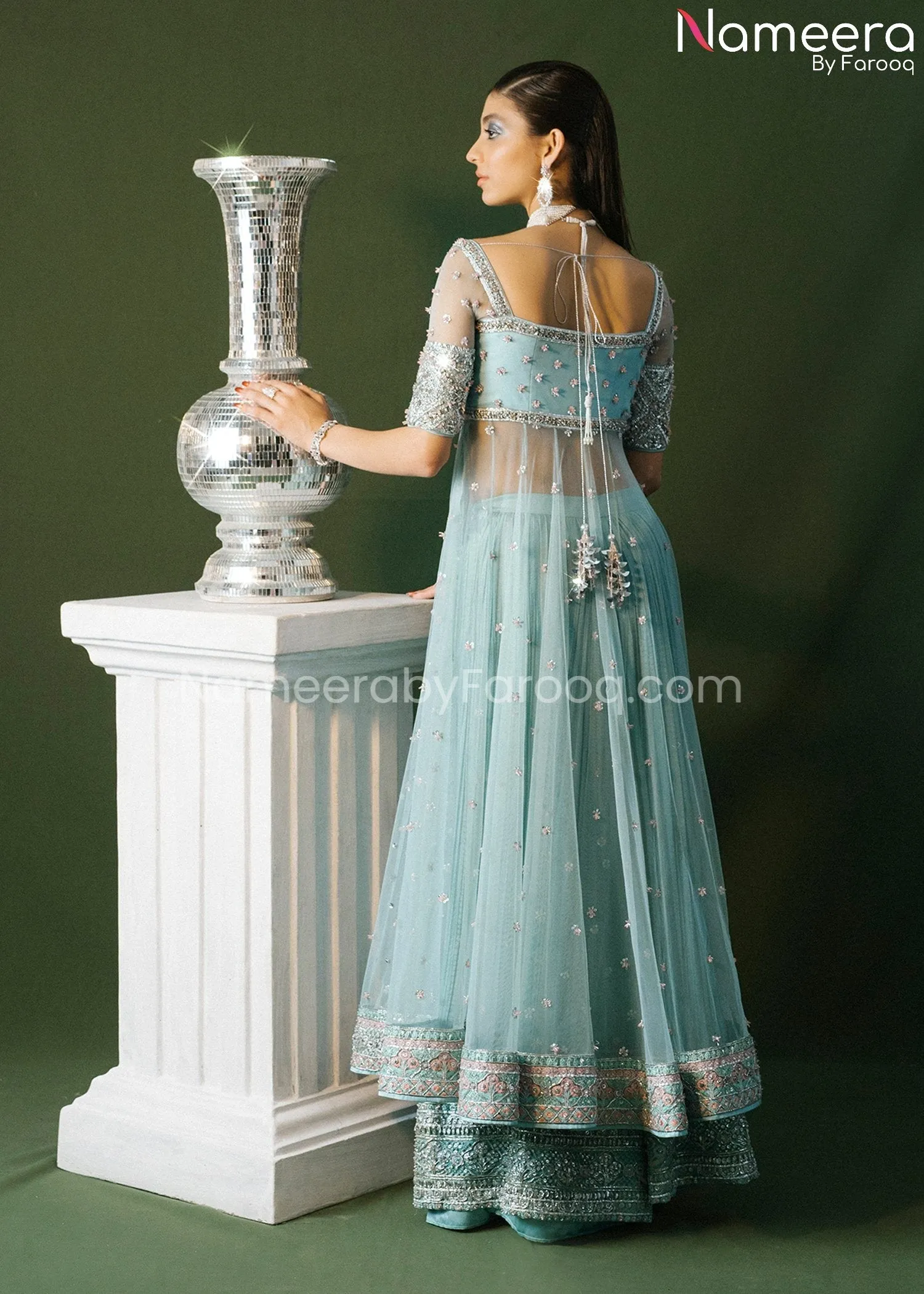 Ice Blue Pakistani Bridal Pishwas with Sharara #BS626