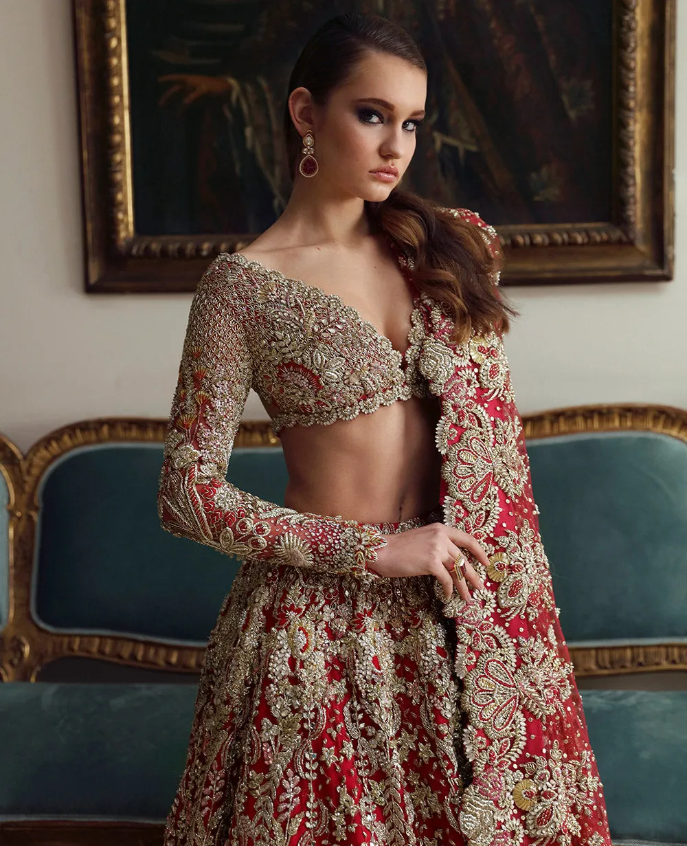 Indian Bridal Dress in Red Choli Dupatta Lehenga Style