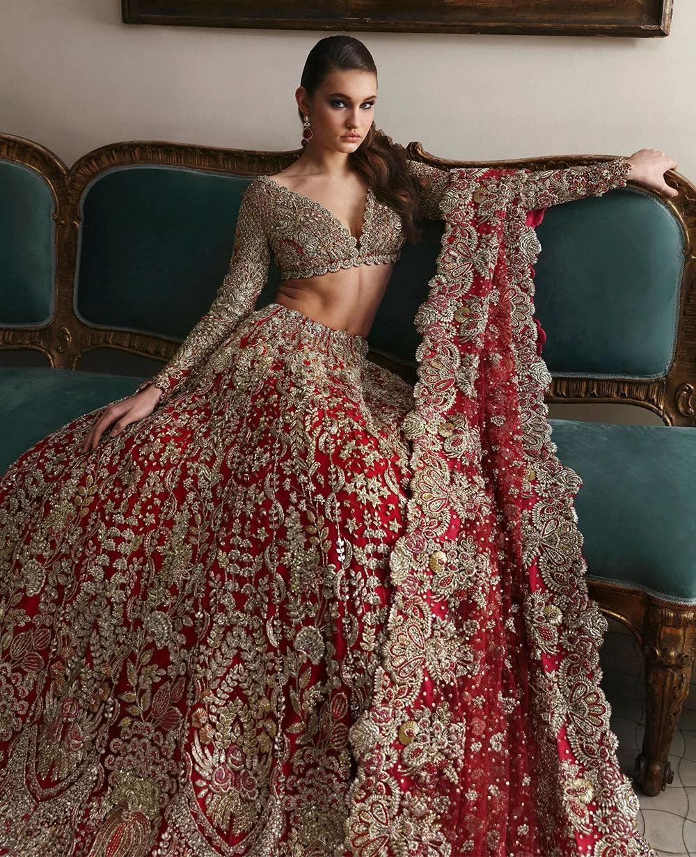 Indian Bridal Dress in Red Choli Dupatta Lehenga Style