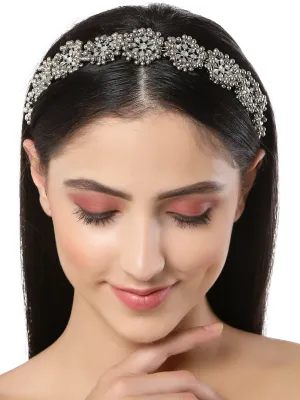 Karatcart Oxidised Silver Floral Silver Ball Beaded Kundan Hairband for Women